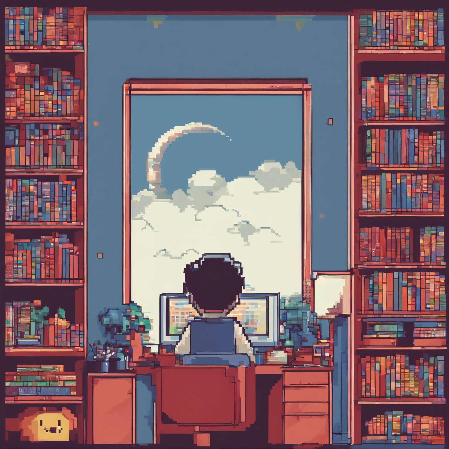 Cute working in front of computer,wears glasses,Blue, Red, Pink,Sit in your room,One guy,The room had a lot of books and shelves,There are windows,You can see the stars and moon outside