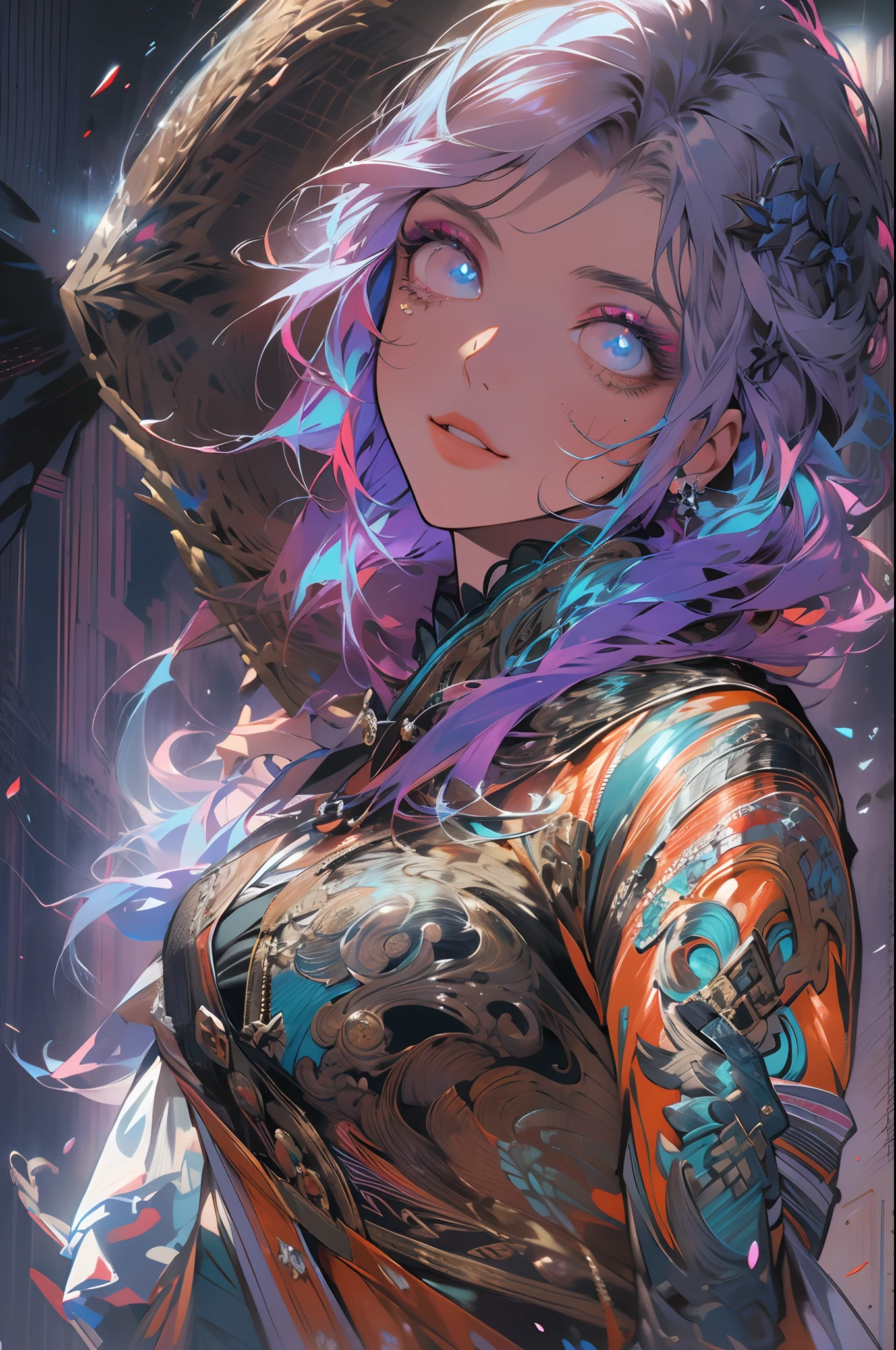 (Masterpiece:1.2), best quality, (illustration:1.2),(Masterfully crafted Glow, lens flare), (ultra-detailed), hyper details, (delicate detailed), (intricate details), (cinematic light, best quality Backlights), clear line, solo female, solo female, perfect body, (1girl), (bioluminescent hair:1.2), (glowing eyes), (Dynamic:1.2), ((makeup)), high contrast, (best illumination, an extremely delicate and beautiful), ((cinematic light)), colourful, powerful, (Cinematic masterpiece), Stick figure, splashes of colour, absolutely eye-catching, ((colourful paint splashes on background, dulux,)), ((caustic)), dynamic angle, beautiful detailed smoke, (Captivating),(Intricately Detailed Cinematic background:1.1), ambient occlusion, ambient light, ray-traced reflections, gem, sparkle, radiant aura, glowing hair