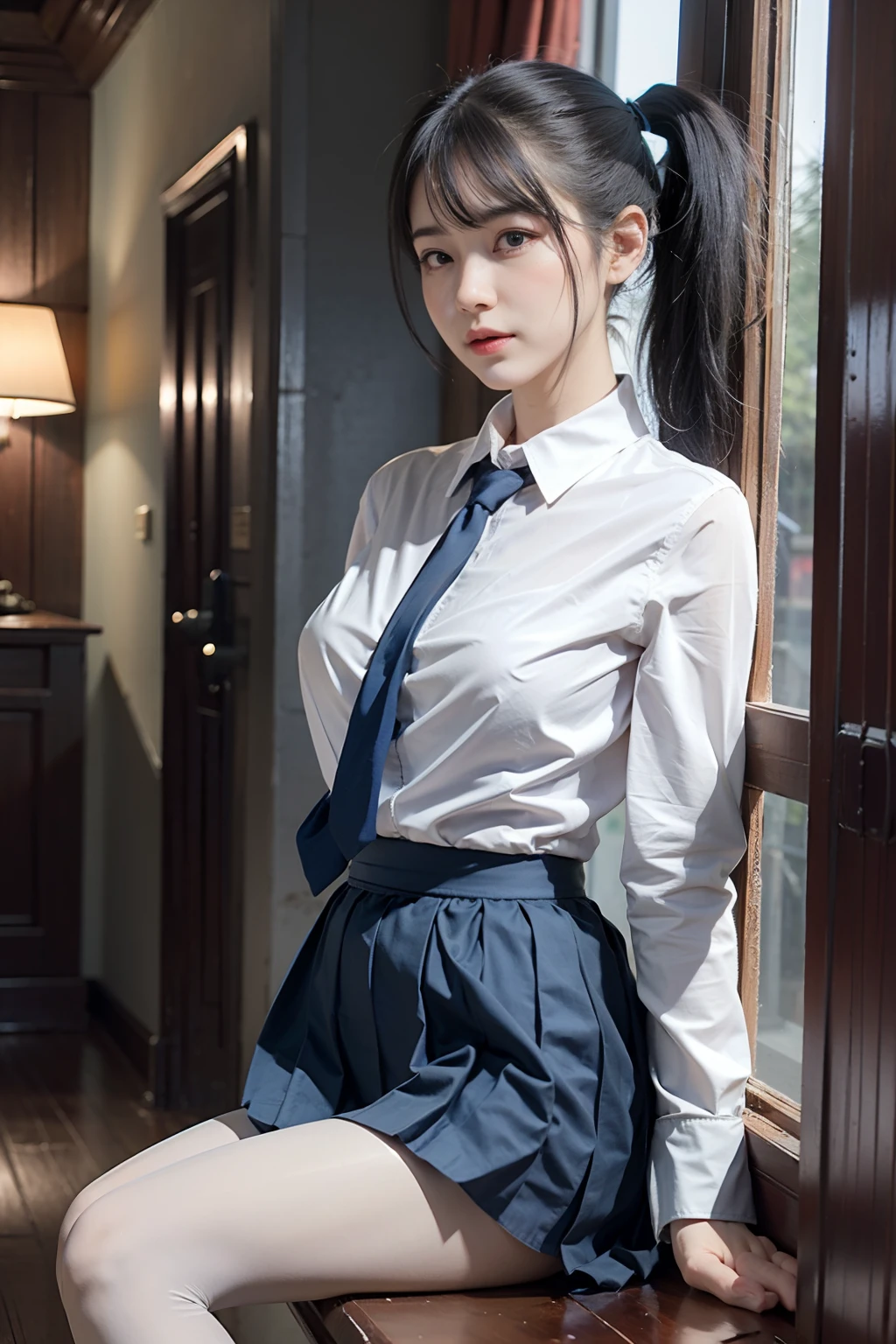 Ultra photo realsisim, 8K, CG,s the perfect face,flawless perfection,Ren,tmasterpiece,professionalartwork,famousartwork,s the perfect face,beauitful face,beautidful eyes,((((Double ponytail)))),((Perfect female body)),独奏,(immersiveatmosphere,lightand shade contrast:1.5,Bright light:1.2,lumnious),(Blushlush:0.5),Enchanting expression,Ultimate detail_The eye,thick thight,huge tit,Exquisite background,depth of fields,photorealestic:1.3,Faraway view,1girll,The shirt,pleatedskirt,school uniform,Sit Pose,((((full bodyesbian)))),(ambient lights:1.3),(cinematic compositions:1.3),(neonlight:0.1),(hdr:0.1),emphasis lighting,White panty hose,(((clear clothing))