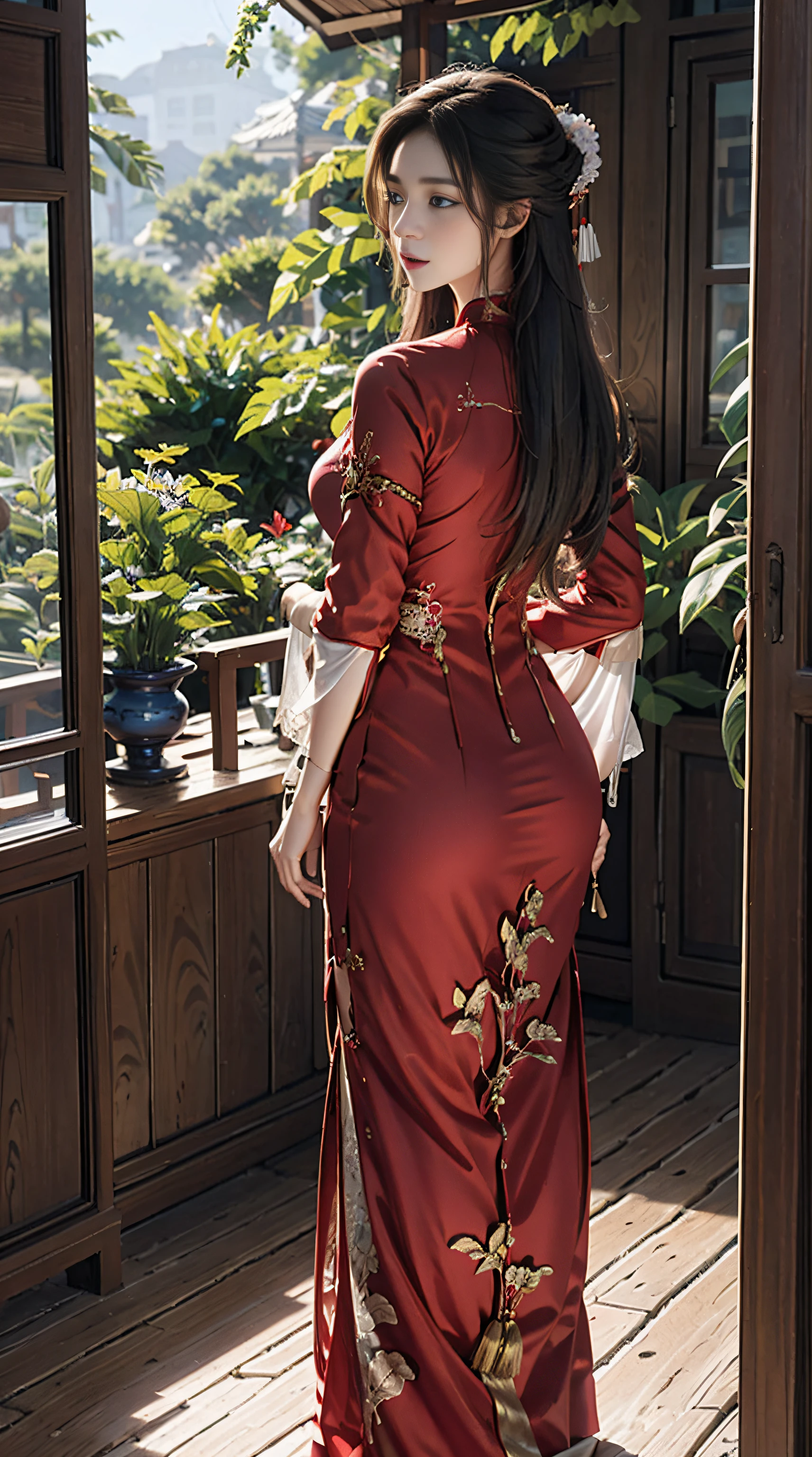 photorealistic, high resolution, soft lights, 1women, solo, hips up, (blue eyes, long hair), vietnamese traditional, red aodai, back view