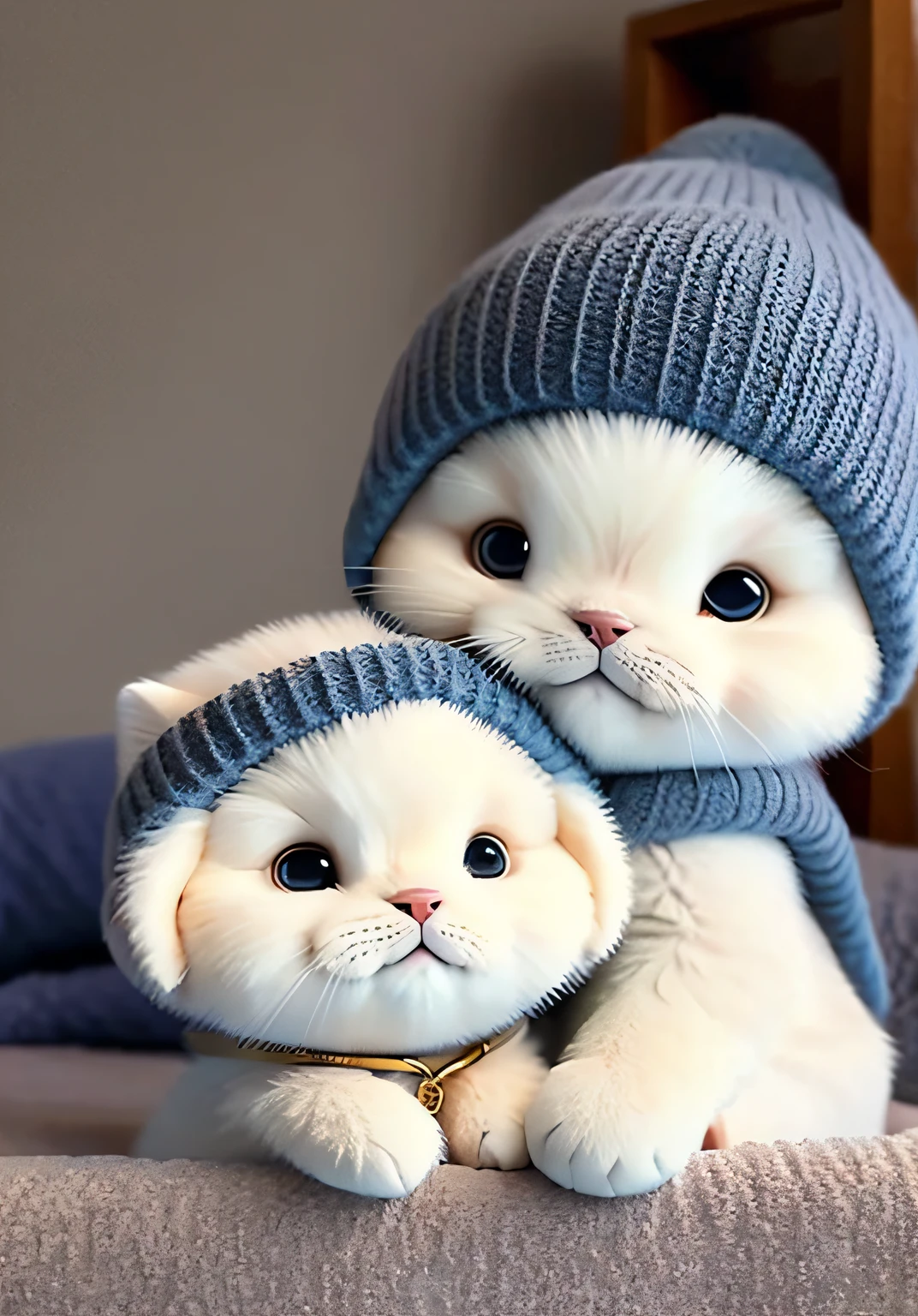 An -year-old sat the bed,A golden puppy lying on the bed,Silver gradient kitten on head