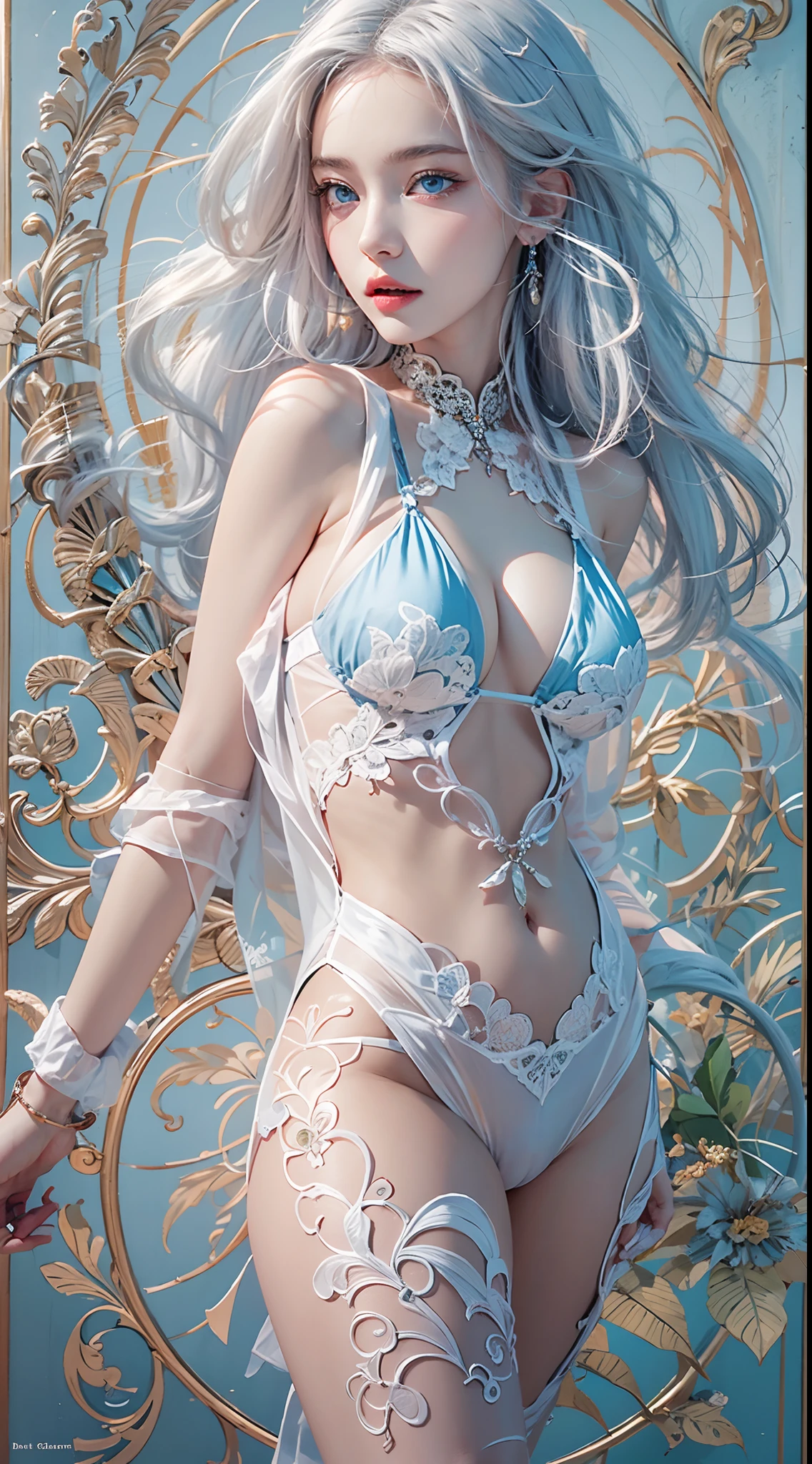 photorealistic, high resolution, soft lights, 1women, 25 years old, solo, hips up, blue eyes, white hair, long hair, lace leotard, hips up, jewelry, tattoo