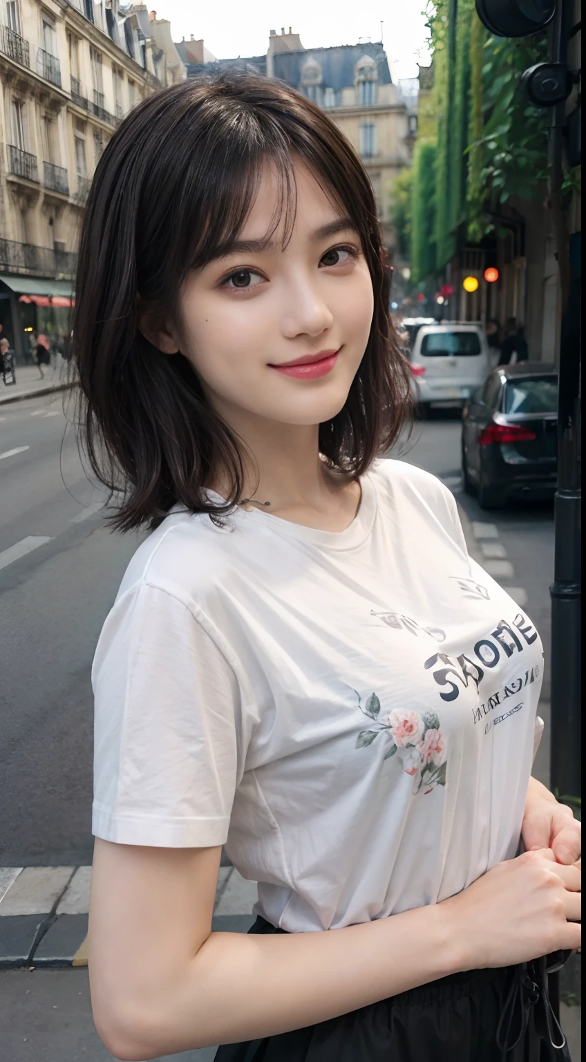 (((Black Shorthair))), (Wearing a T-shirt2a person), (T-shirt design), (Floral clothing), (Breast bulge),((Standing in a tourist spot in Paris)), (A hyper-realistic), (Relaxed), (Increased resolution), (8KUHD), (Extremely detailed), (Best Illustration), (Beautiful and detailed eyes), (Best Quality), (ultra-detailliert), (masutepiece ), ( Wallpaper), (Detailed face), Fine details, Deep Shadows, lowkey, Smiling