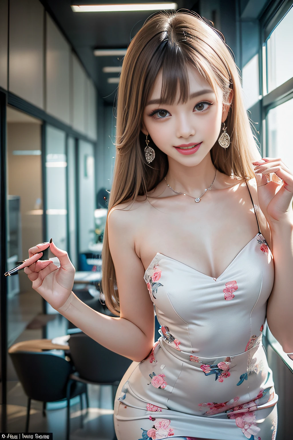 ((Girl Standing At Office Reception)), Silver hair, Bangs, Blunt bangs, Long straight hair, aqua eyes, longeyelashes, Solid Circle Eyes, makeup, Open mouth, blush, Parted lips, Bright pupils, smiley, Seductive smile, glint, surrealism, Modern、Black pantyhose、high-heels、((Pure white dress、Floral dress、、off shoulders、: 1.6))、Skyscrapers are hazy in the windows、mix4、(sexypose)、(a smile)