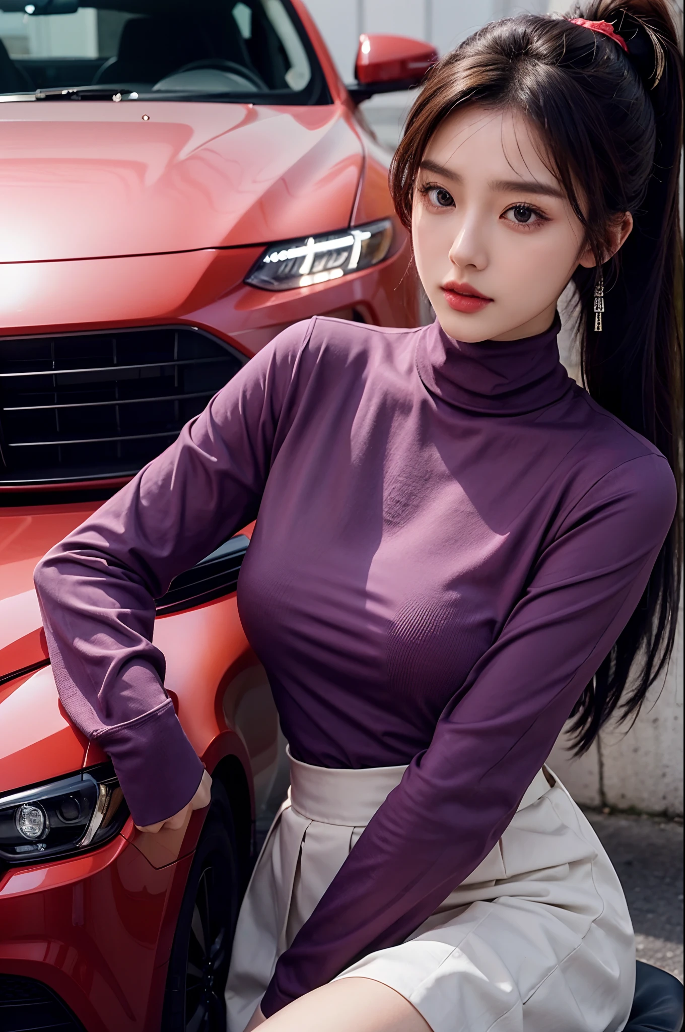 1girl, 175cm,korean car model ,23 years old,soft body, close-up, 8k, RAW photo, best quality, masterpiece,realistic, photo-realistic,seductive,cute,A beautiful woman in a violet ,turtleneck , long sleeve shirt,pleated skirt,the breasts are large,Liuhai hairstyle,Ponytail hairstyle, erotic post , car model, car model
