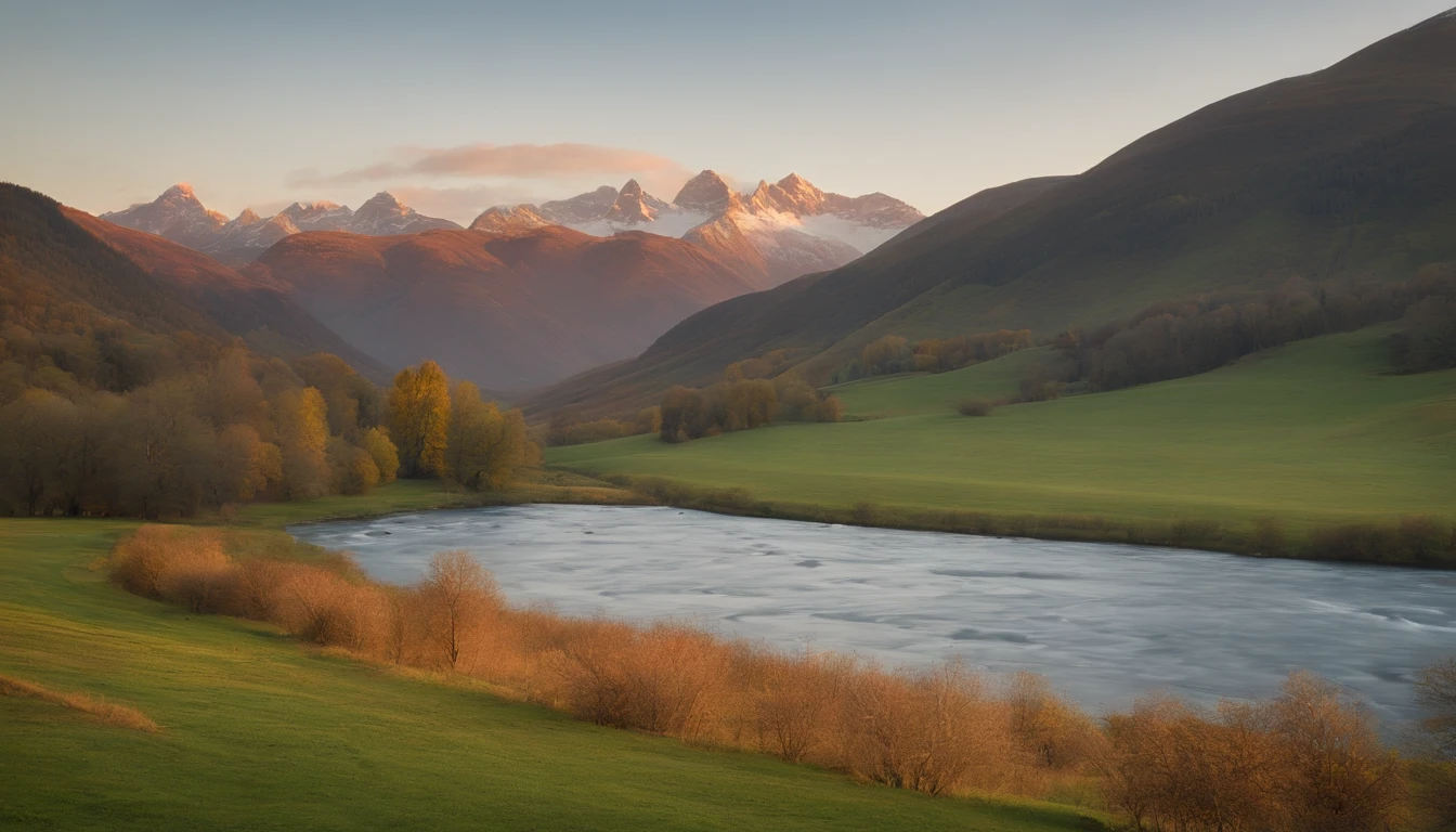 Generate an autumnal landscape of a sunset with the sun in the mountains with a green meadow, Snow-capped mountains in the background, arboles frondosos de distinta clase y flores de colores rojo, green and blue and a river that crosses the middle and has detours.