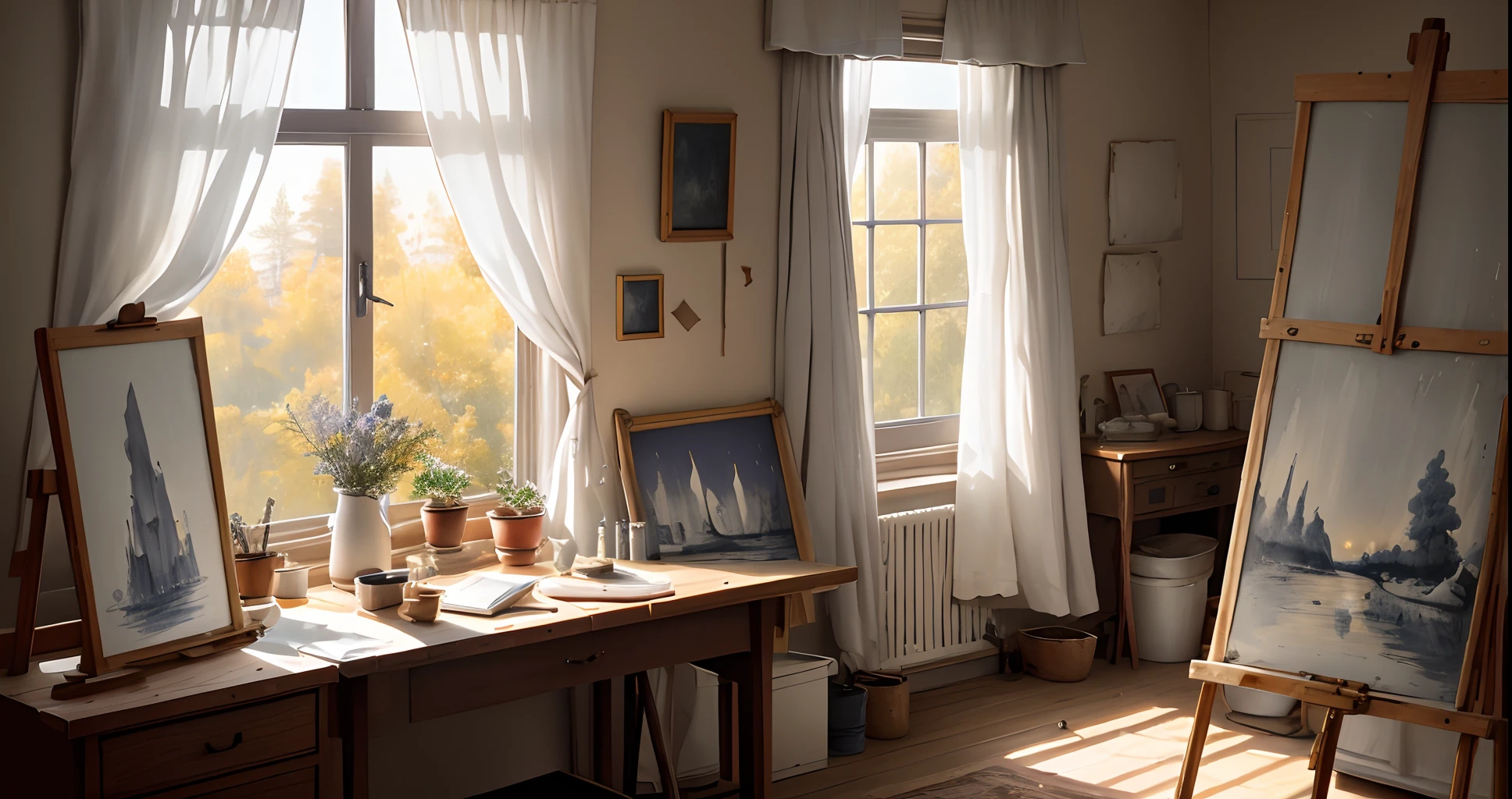 natta、inside in room、White canvas on easel、Painter's room、Western-style windows、Lace curtains hang、Moonlight shining through the window、low angles