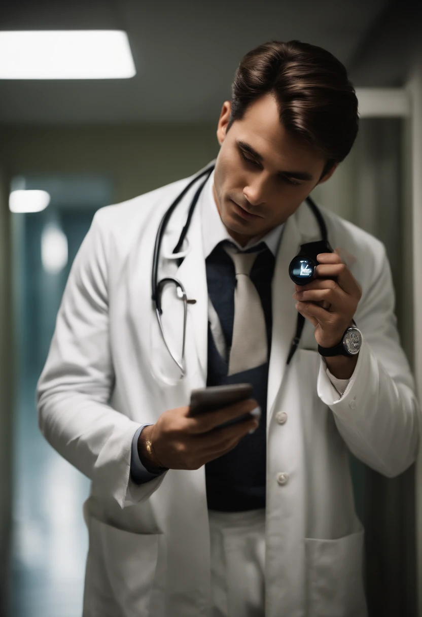 ccurateblack hair，Handsome face， White suit， Holding a pulse reader in his hand，The background is the hospital corridor of the future。Male doctor。 The eyes are firm。