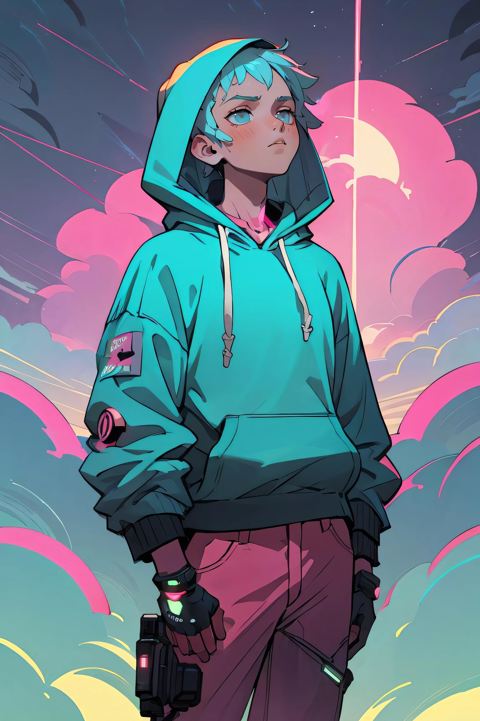 (best quality, masterpiece), 1boy, cyberpunk, hoodie, neon, cloudy sky,