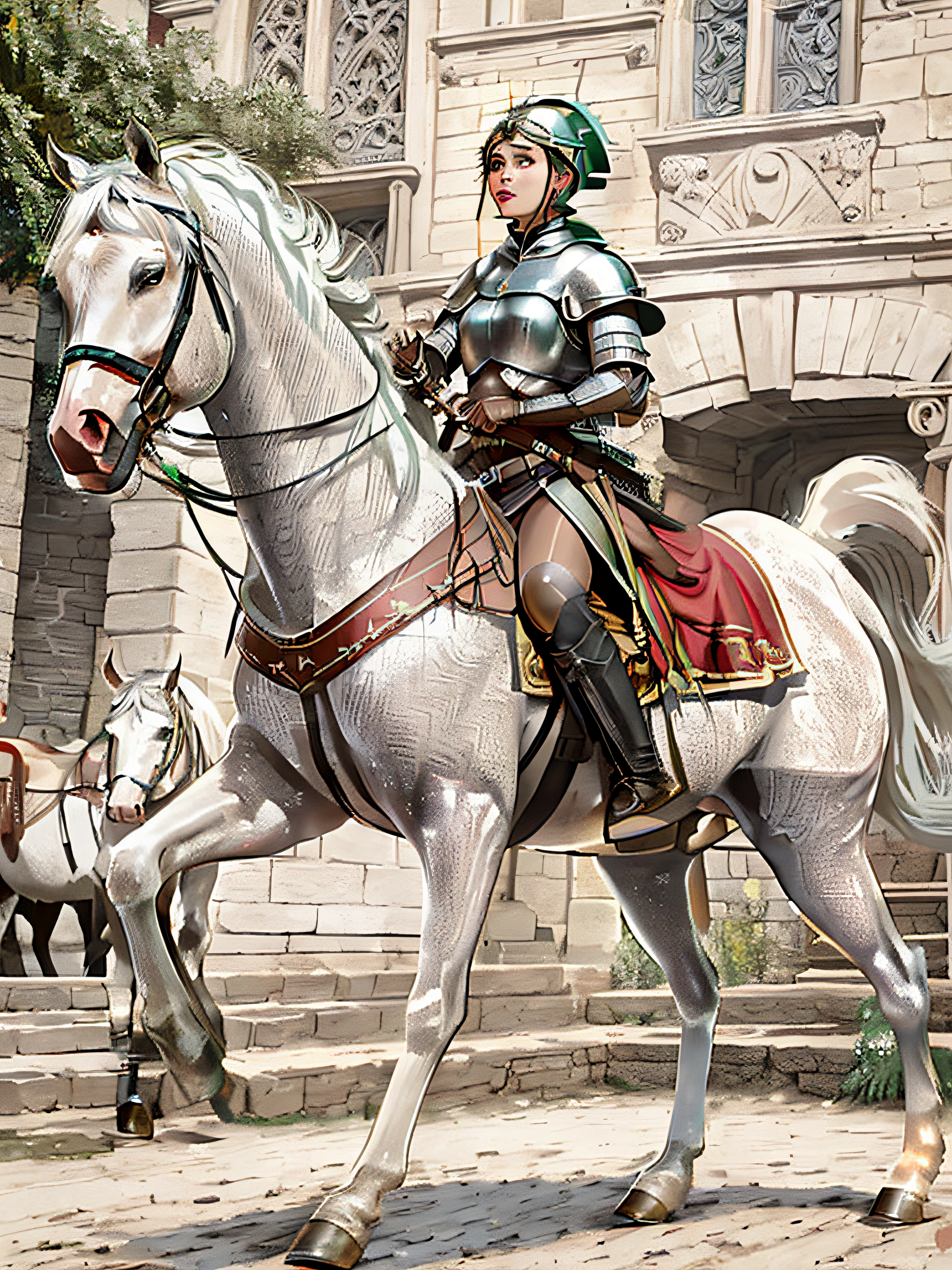 there is a woman  (Jesica Alba: 1.1) red lips, green eyes riding a horse in a medieval costume, (Jesica Alba: 1.1) red lips, green eyes as a centaur warrior, (Jesica Alba: 1.1) red lips, green eyes as joan of arc, (Jesica Alba: 1.1) red lips, green eyes as a knight, joan of arc, Jesica Alba as joan of arc, ana de armas as joan of arc, knight on horseback, elisha cuthbert as a paladin