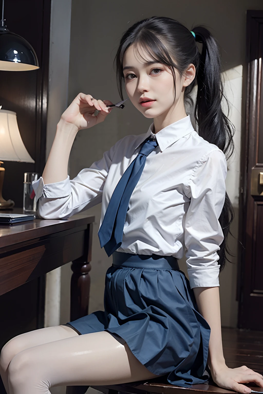 Ultra photo realsisim, 8K, CG,s the perfect face,flawless perfection,Ren,tmasterpiece,professionalartwork,famousartwork,s the perfect face,beauitful face,beautidful eyes,((((Double ponytail)))),((Perfect female body)),独奏,(immersiveatmosphere,lightand shade contrast:1.5,Bright light:1.2,lumnious),(Blushlush:0.5),Enchanting expression,Ultimate detail_The eye,thick thight,huge tit,Exquisite background,depth of fields,photorealestic:1.3,Faraway view,1girll,The shirt,pleatedskirt,school uniform,Sit Pose,((((full bodyesbian)))),(ambient lights:1.3),(cinematic compositions:1.3),(neonlight:0.1),(hdr:0.1),emphasis lighting,White panty hose,(((clear clothing))