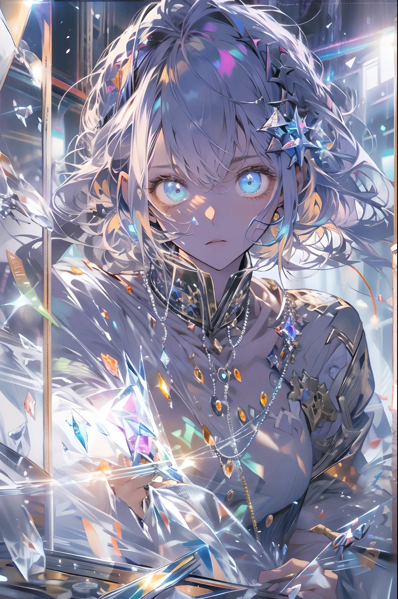 glass skin, Glass clothes, 1girll, crush, Lying, crystal, Light refraction, Light particles, Luminous lens flare
