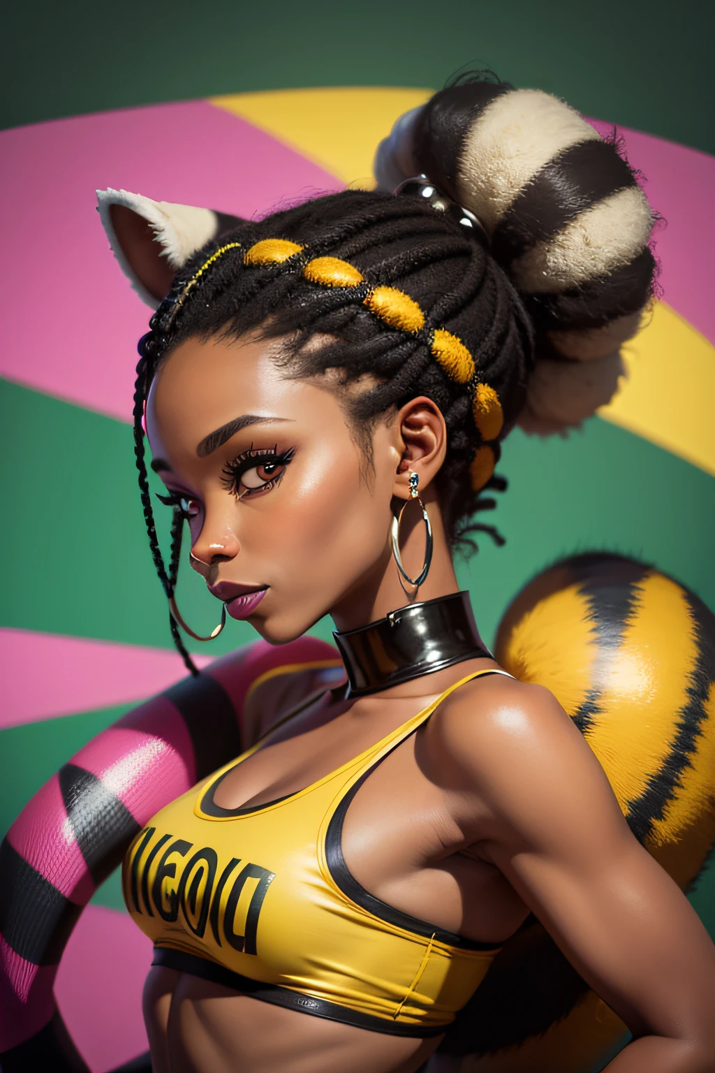 Groovy Jamaican 40 year old female raccoon face and ears, with human body, 3/4 profile portrait woman from Jamaica, modern fashionable style. crazy wild 2023 accessories. etc. blurry roller girl background