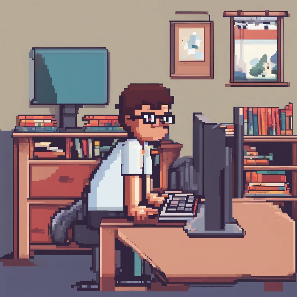 Cute working in front of computer,wears glasses,Blue, Red, Pink,Sit in your room,One guy,Lots of books and bookshelves in the room,There are windows,You can see the dusk sunset outside,The chilace can be seen from a side perspective