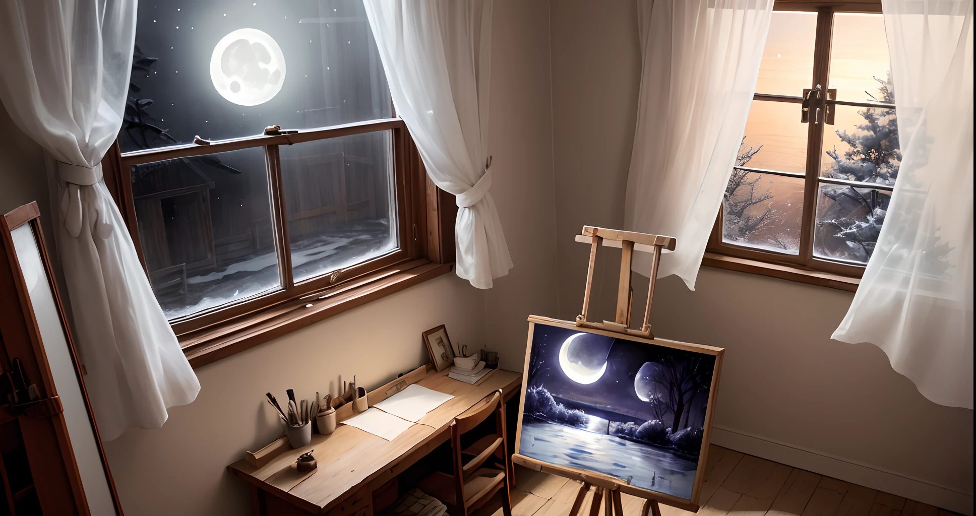 natta、inside in room、White canvas on easel、Painter's room、Western-style windows、Lace curtains hang、Moonlight shining through the window、low angles