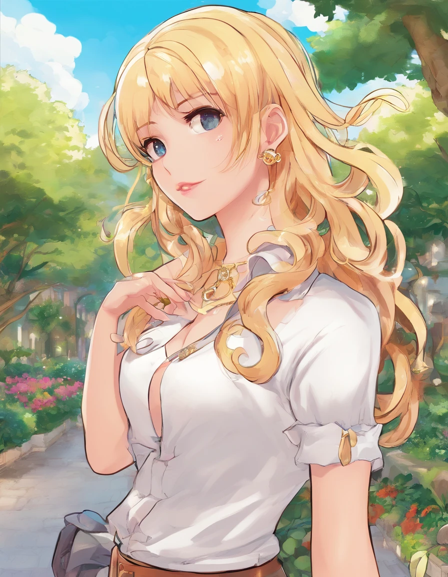 最高品質, 1girls, (Hollow Skins), (huge breast), (Giorno), shining, Background blur, outdoor, (road:0.6), (hair:1.5), (shirt:1.5), ornate, (Hair float:1.5), Soft light, breeze, Garden, road