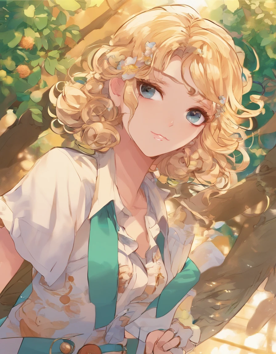 最高品質, 1girls, (Hollow Skins), (huge breast), (Giorno), shining, Background blur, outdoor, (road:0.6), (hair:1.5), (shirt:1.5), ornate, (Hair float:1.5), Soft light, breeze, Garden, road