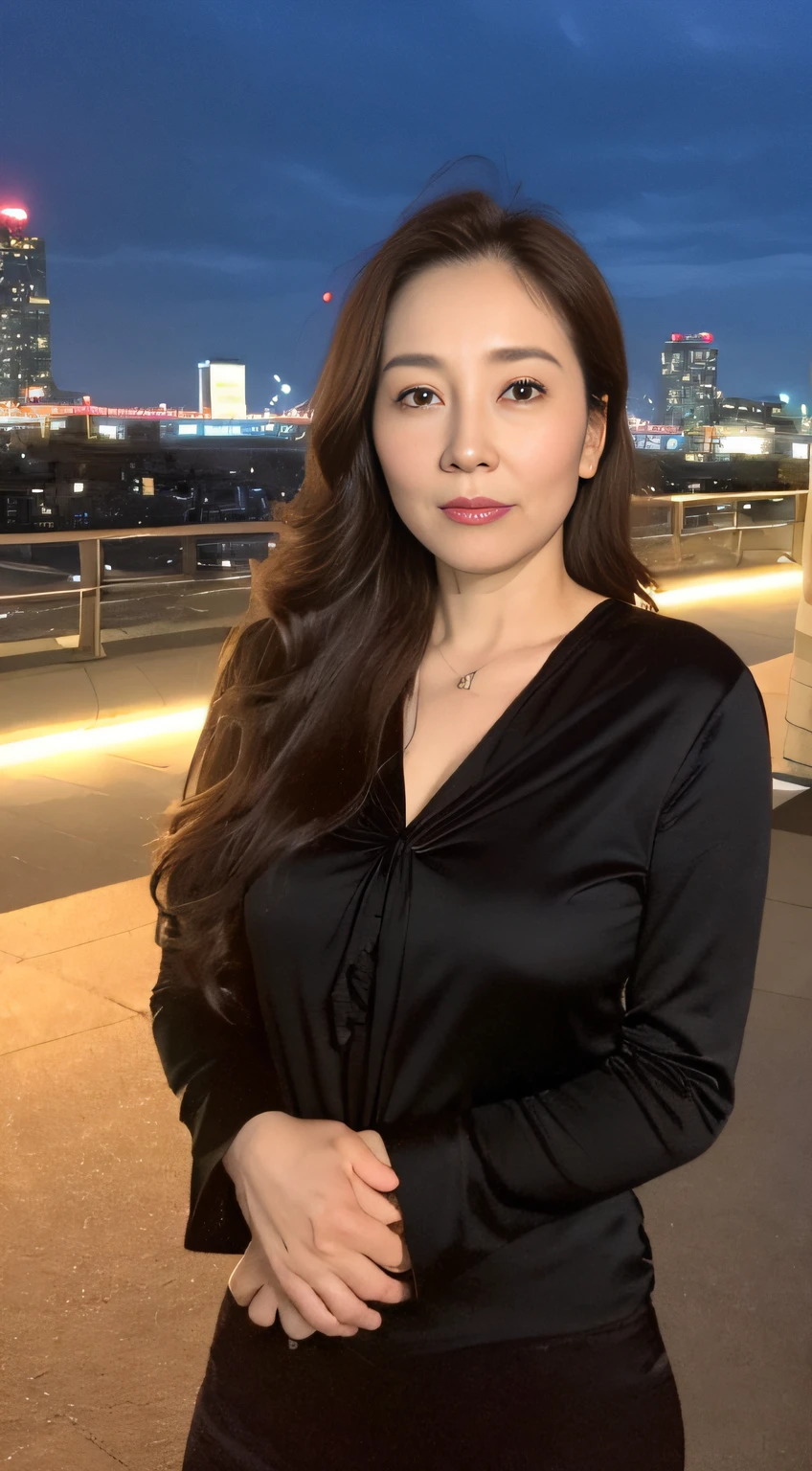 ((midynight, Need, 8K, tmasterpiece:1.3)), full bodyesbian, Long legs, Focalors:1.2, perfect figure beautiful woman:1.4, ((Dark brown hair)), (Elegant black shirt, standing on your feet:1.2), ((city night scene, the roof:1.3)), Highly detailed facial and skin texture, A detailed eye, 二重まぶた,Beauty,Wavy hair, Wrinkles at the corners of the eyes, to emphasize, ,Bigchest,aged 40, Wrinkled eyes,