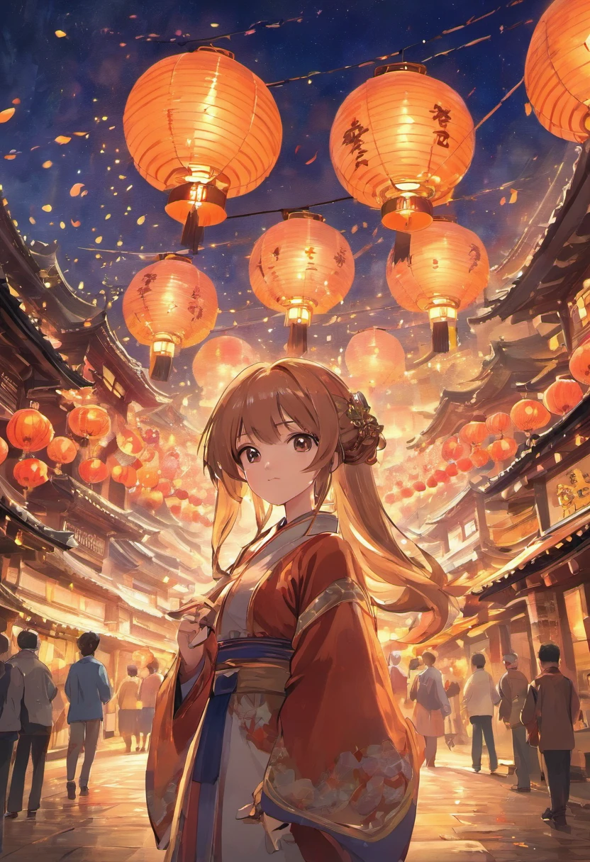 "Celebrate the Mid-Autumn Festival in traditional Chinese cities, illuminate the night sky, Majestic temple in the center, Decorated with complex environments, Vibrant Chinese lanterns hang around, Sparkling fireworks, No Man."