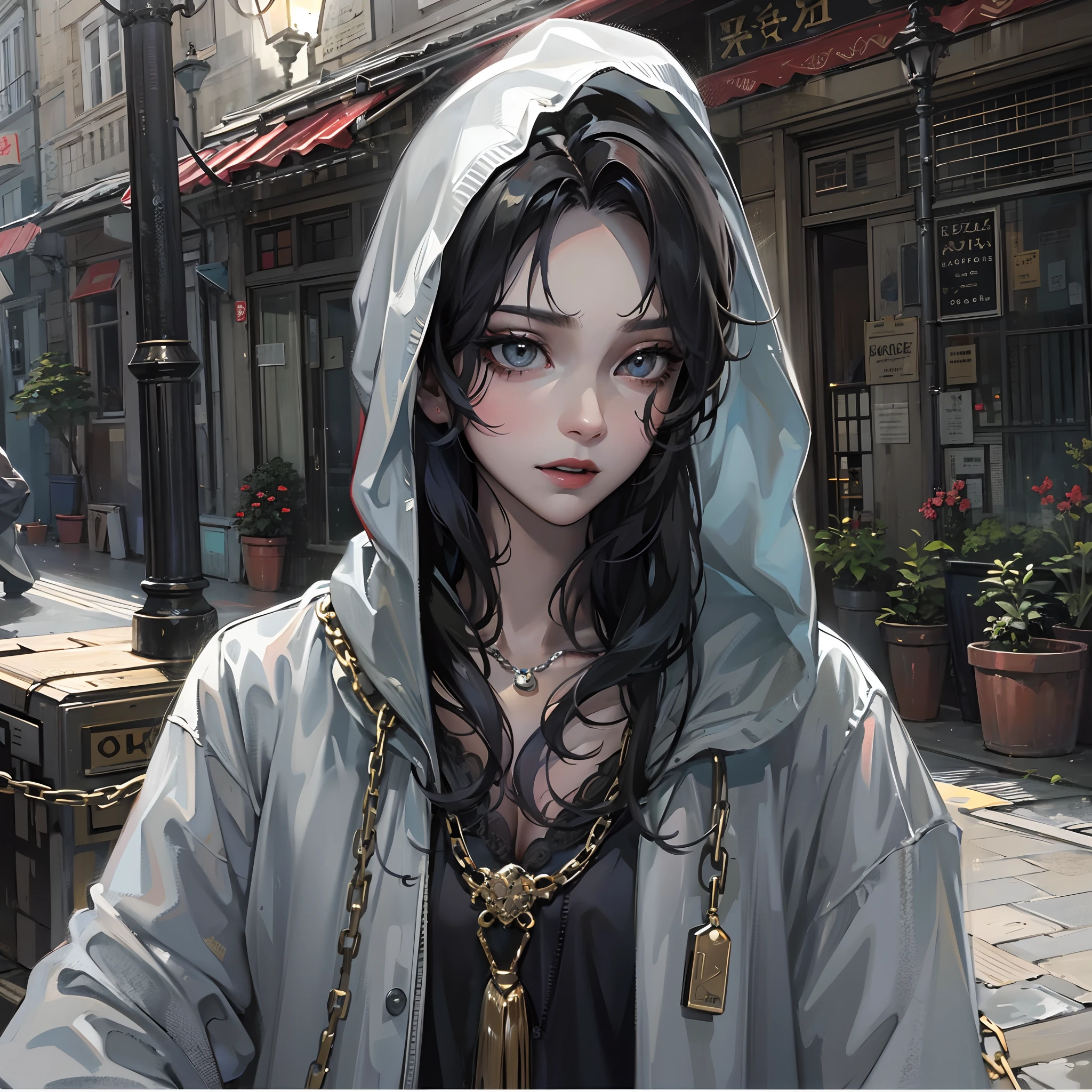A peerless beauty in a gray robe stands in the street，(Hands naturally hang at your sides)，European Middle Ages，A look of disgust，God of mischief，sneering，Chains，Leaky shoulders，with short black hair，a crystal pendant，Absurd style，Black silk gloves，White skin of the，((Poor milk))，((tmasterpiece))，(Best quality at best)，(Highest definition)