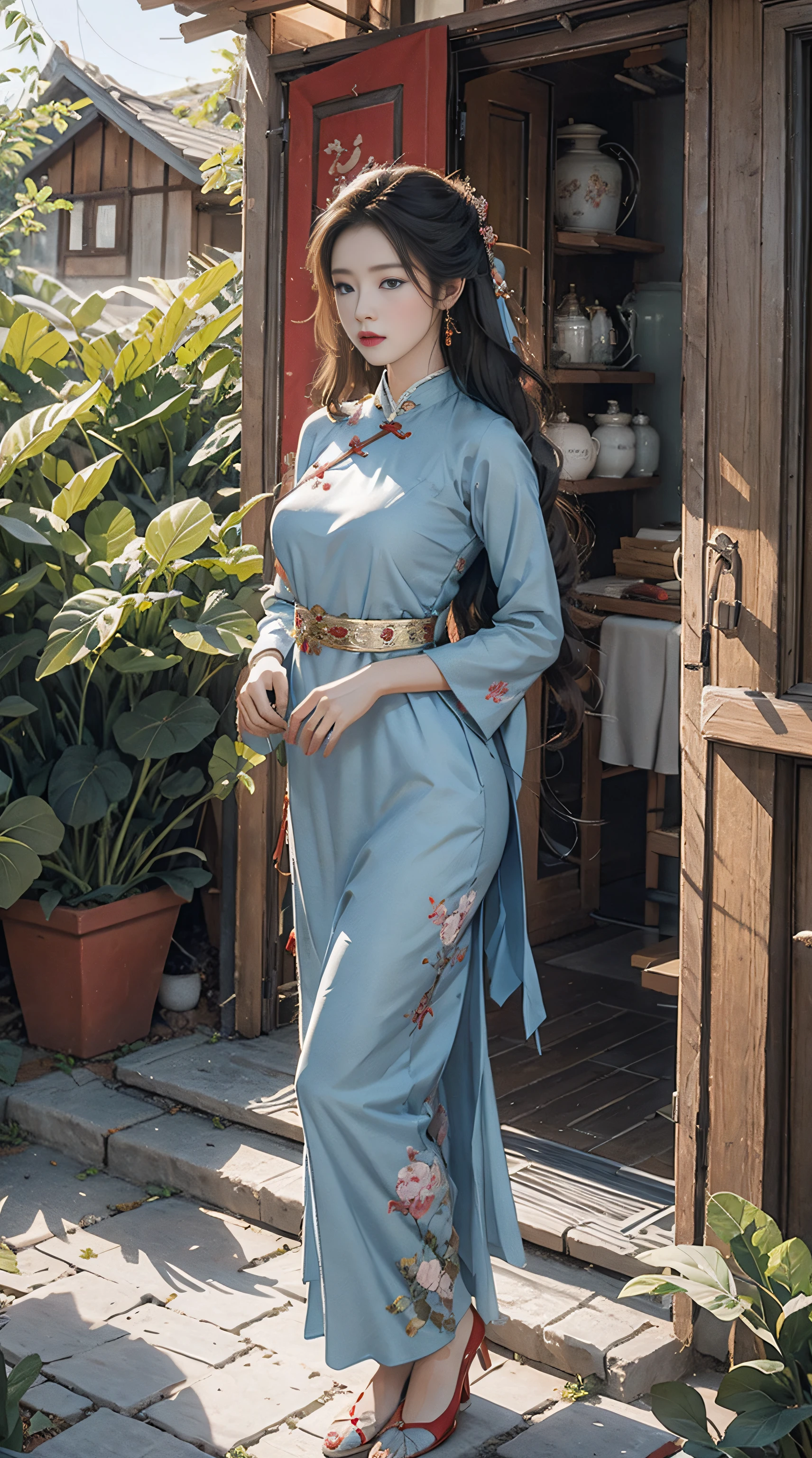 photorealistic, high resolution, soft lights, 1women, solo, hips up, (blue eyes, long hair), vietnamese traditional, red aodai,