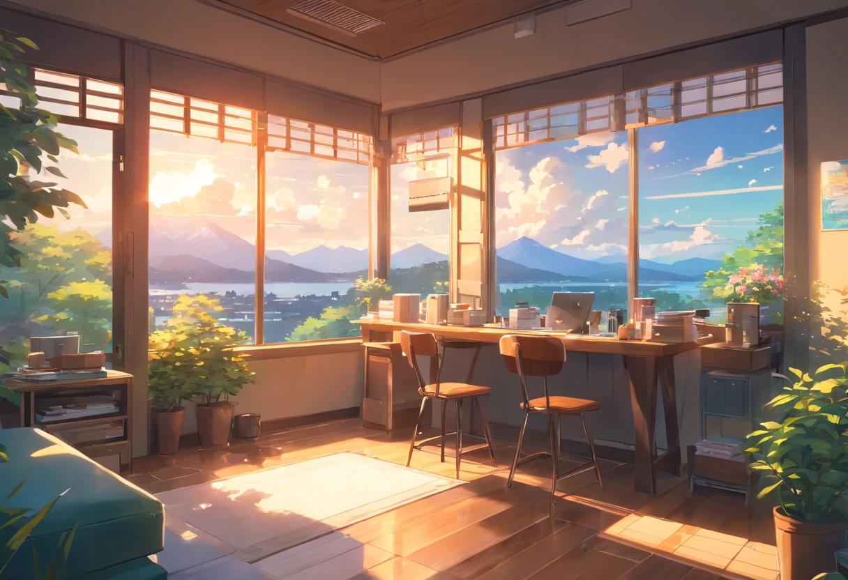 No human, Study in the room, Cozy study desk, Large windows overlooking beautiful nature, (Take in the view), Floral notes、A little coffee shop feeling