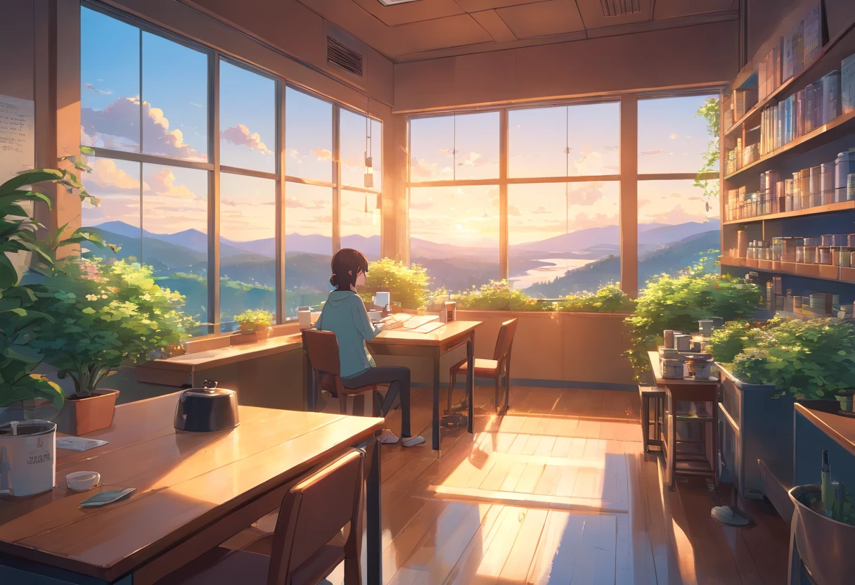 No human, Study in the room, Cozy study desk, Large windows overlooking beautiful nature, (Take in the view), Floral notes、A little coffee shop feeling