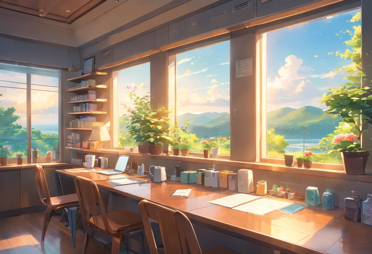 No human, Study in the room, Cozy study desk, Large windows overlooking beautiful nature, (Take in the view), Floral notes、A little coffee shop feeling