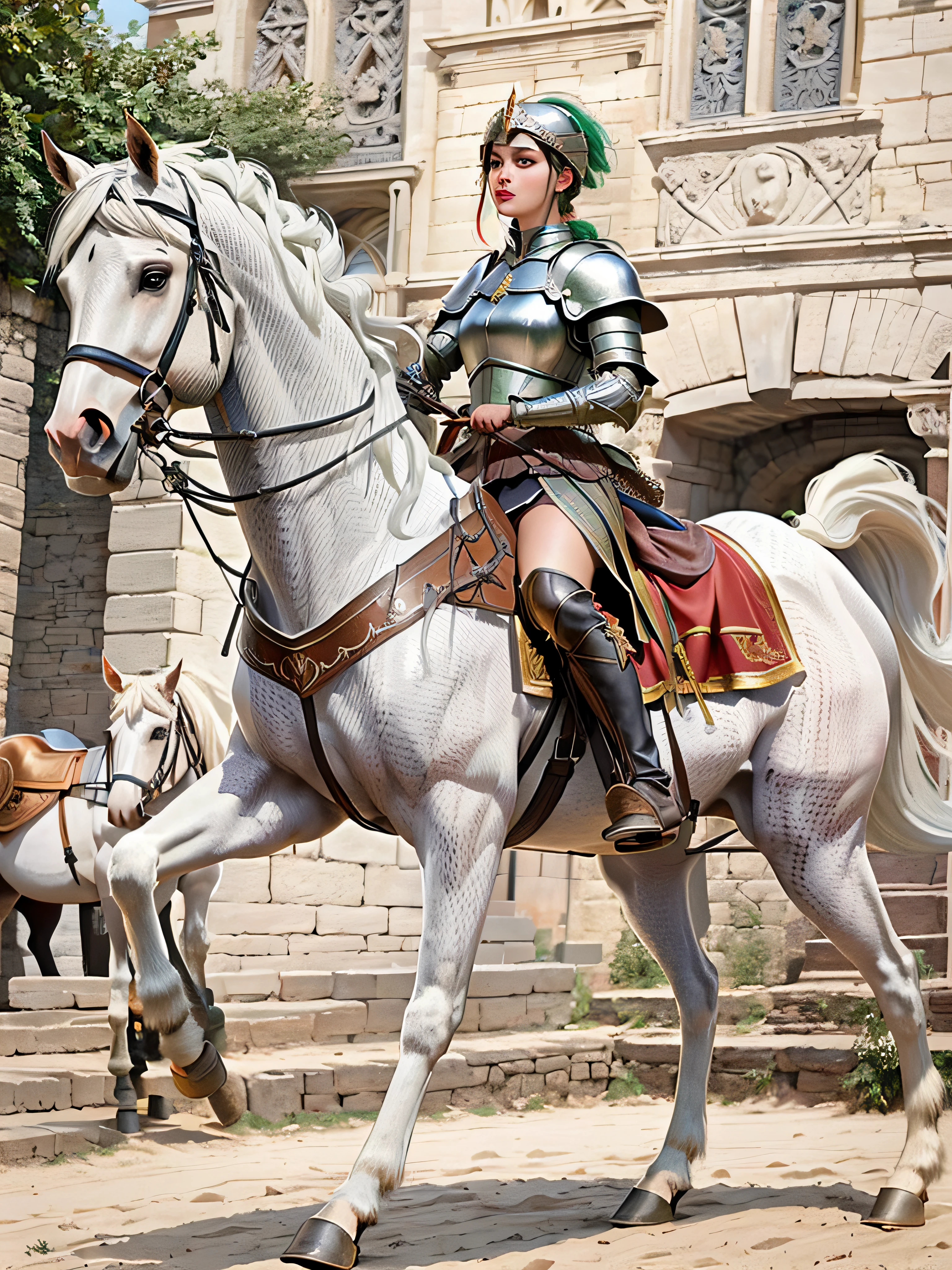 there is a woman  (Jesica Alba: 1.1) red lips, green eyes riding a horse in a medieval costume, (Jesica Alba: 1.1) red lips, green eyes as a centaur warrior, (Jesica Alba: 1.1) red lips, green eyes as joan of arc, (Jesica Alba: 1.1) red lips, green eyes as a knight, joan of arc, Jesica Alba as joan of arc, ana de armas as joan of arc, knight on horseback, elisha cuthbert as a paladin