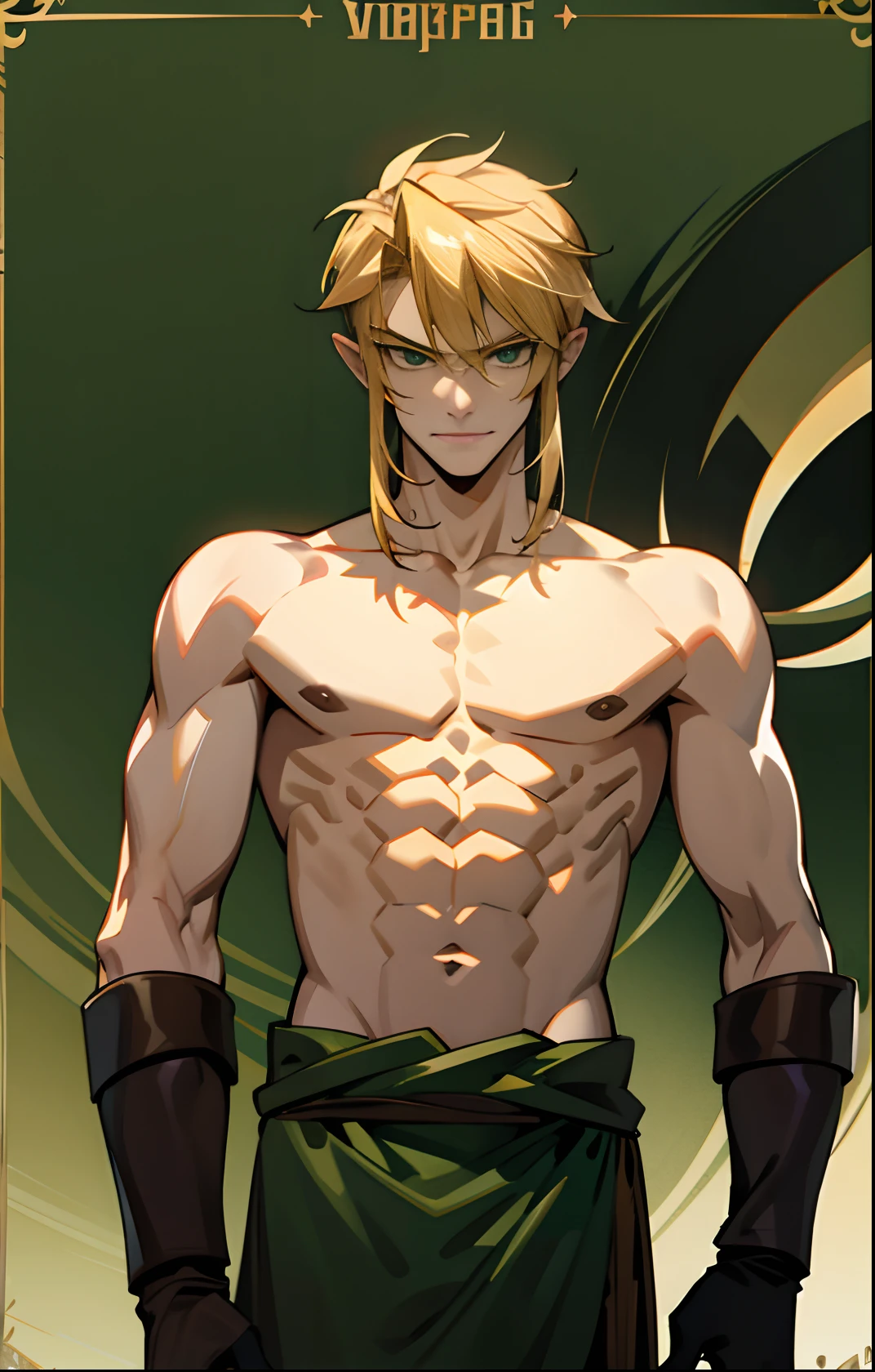 blond, tall, green-eyed guy, viking style, russian hero style, strong, anime style, anime , link, ( gloves), standing, (topless:1.3), demigod , (muscular:0.5)(from above:0.1),(sport:0.2), (empty dojo),(smiling:0.2), (dominant),(evil)(confident)(sadistic)(adult:1)(masculine:1)(slender:0.3)(from below:0.5)(powerful)(looking at viewer),(bedroom background)