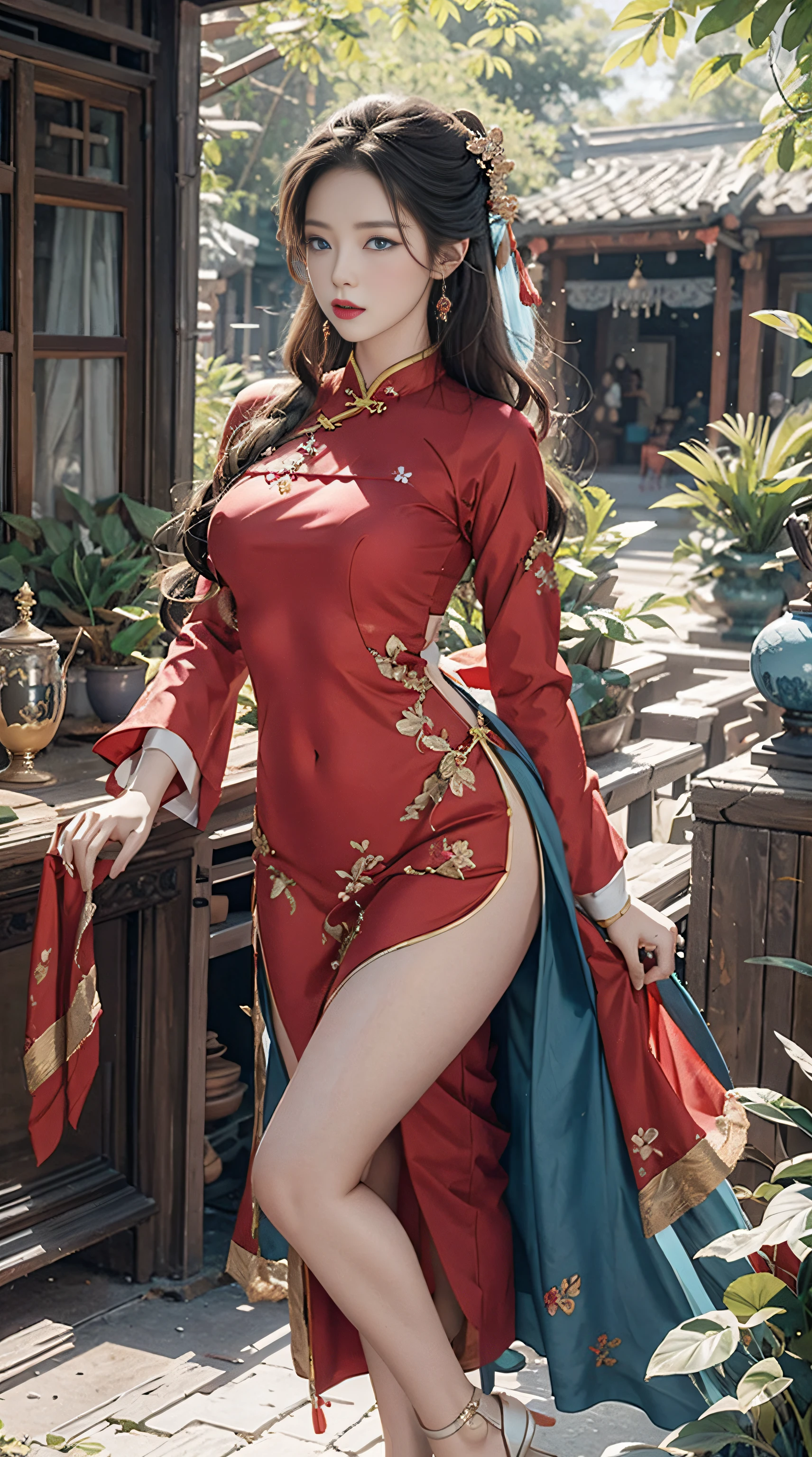 photorealistic, high resolution, soft lights, 1women, solo, hips up, (blue eyes, long hair), vietnamese traditional, red aodai,