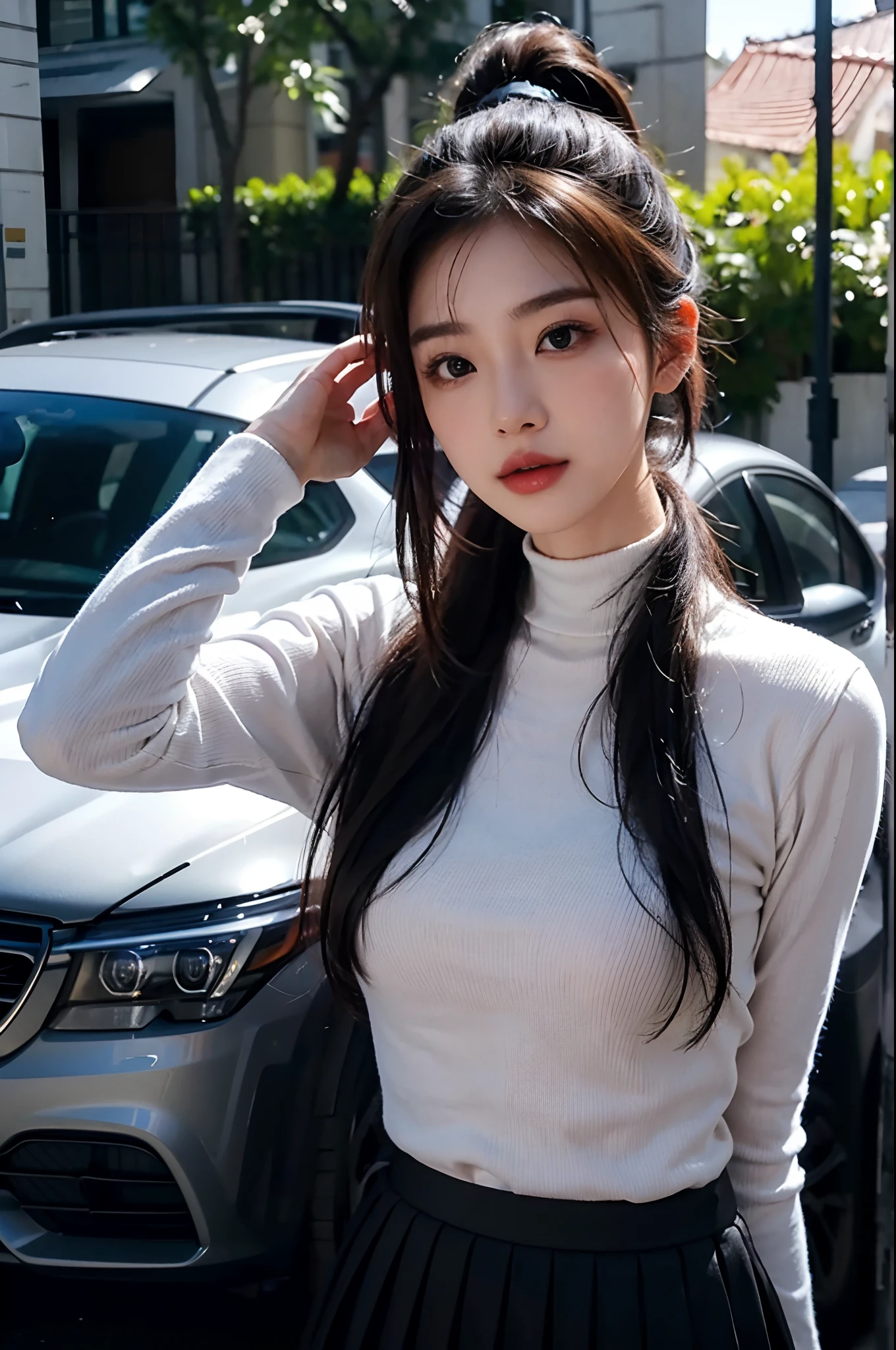 1girl, 175cm,korean car model ,23 years old,soft body, close-up, 8k, RAW photo, best quality, masterpiece,realistic, photo-realistic,seductive,cute,A beautiful woman in a sexy turtleneck , long sleeve shirt,sexy pleated skirt,the breasts are large,Liuhai hairstyle,Ponytail hairstyle, erotic post , car model