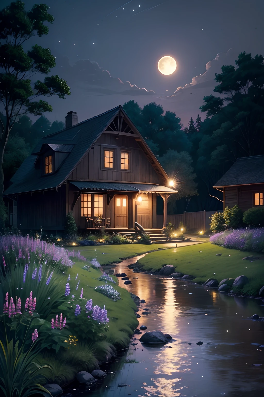 Quiet country night,Quaint house,Bright moon,The stream is gurgling,Patches of small purple flowers,Fireflies fly,A girl walking on her way home