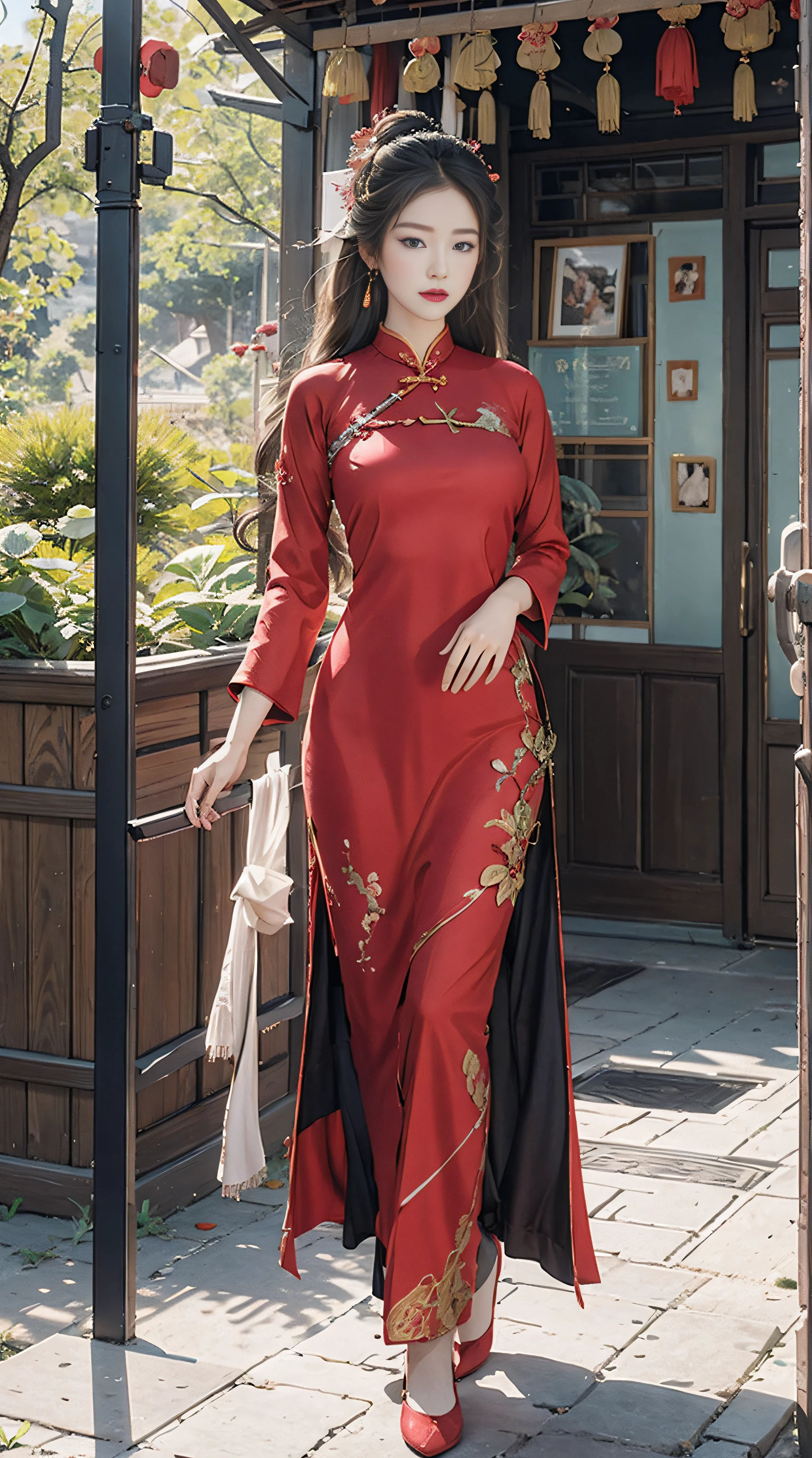 photorealistic, high resolution, soft lights, 1women, solo, hips up, (blue eyes, long hair), vietnamese traditional, red aodai,