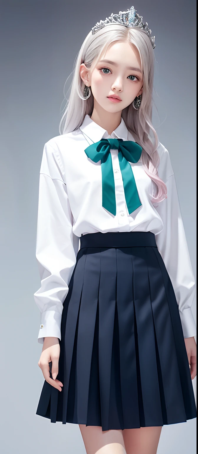 1girl, (masterpiece:1.1), (best quality:1.1), (white blouse:1.1), (checkered skirt:1.1), school uniform, high-waist skirt, BREAK [blue:pink:0.5] theme, (gradient background:1.1), cowboy shot, BREAK silver hair, long hair, , green eyes, intricate detailed tiara, looking to the side,
