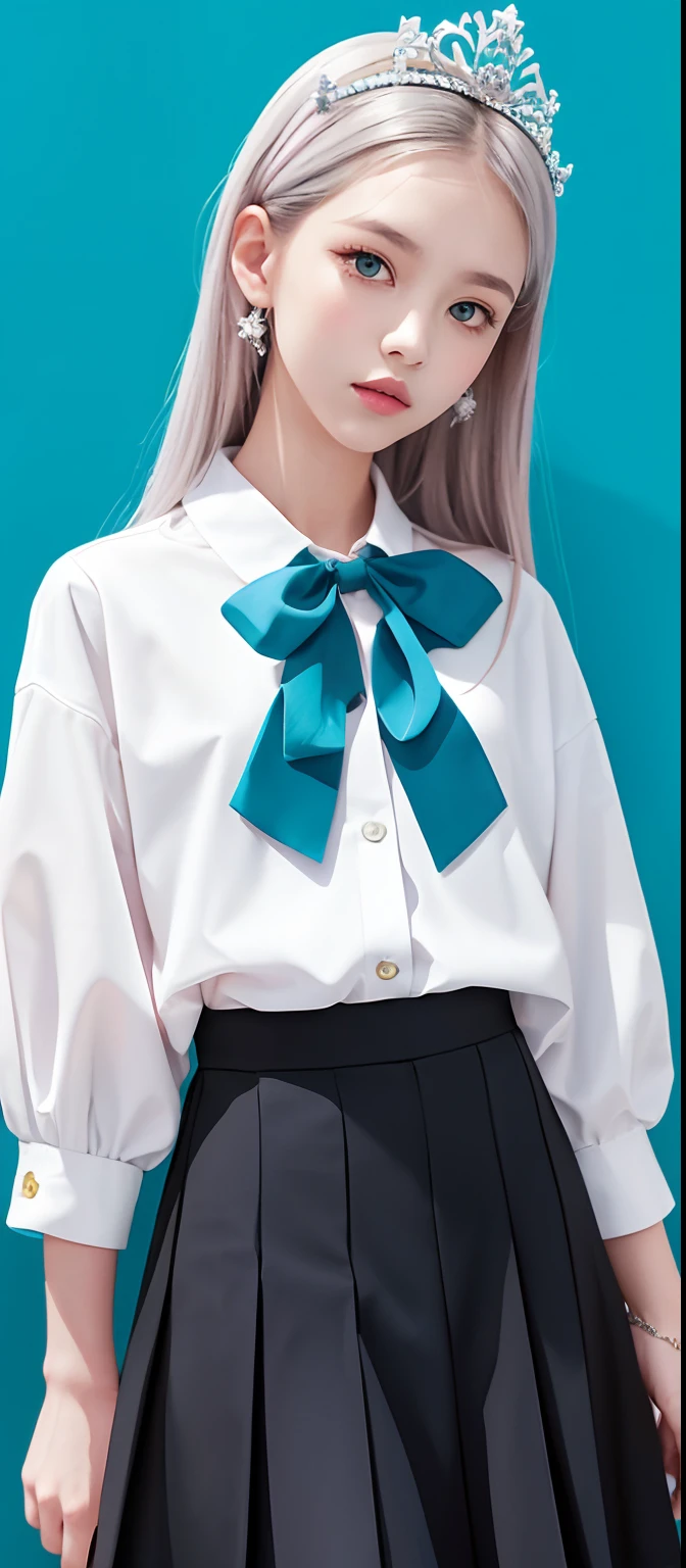 1girl, (masterpiece:1.1), (best quality:1.1), (white blouse:1.1), (checkered skirt:1.1), school uniform, high-waist skirt, BREAK [blue:pink:0.5] theme, (gradient background:1.1), cowboy shot, BREAK silver hair, long hair, , green eyes, intricate detailed tiara, looking to the side,