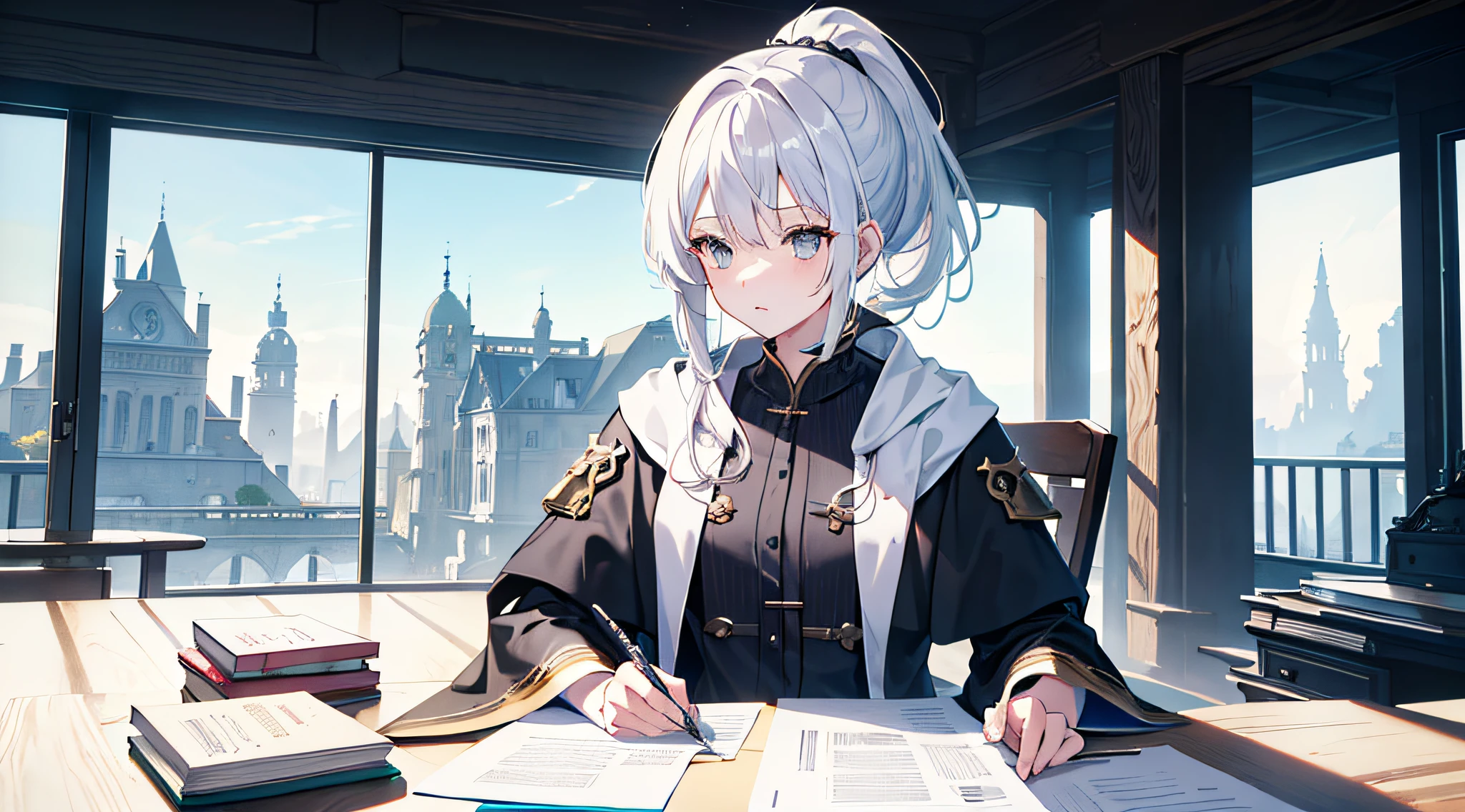 masterpiece, best quality, 4k, 8k, absurdres (best illustration), fantasy office background, 1 girl, white hair, ponytail, mage robes, grey eyes, girl writing something on paper