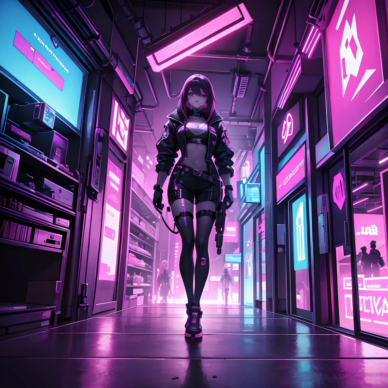 "Vibrant cyberpunk bedroom with immersive purple-pink neon lights, Creating a futuristic atmosphere for intense, action-packed gameplay scenes."