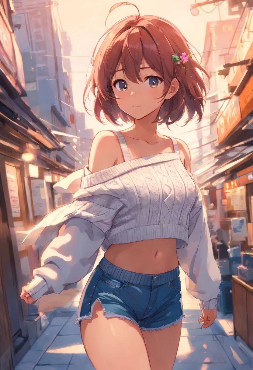 (), big boobs,(masterpiece), best quality, extremely detailed, (watercolor), bloom, delicate and beautiful, illustration, (from below),(1girl:1.4), (solo:1.2), large breasts, (ribbed sweater:1.3), off-shoulder sweater, (short shorts:1.2), bare shoulders, (underboob), ((dark skin:0.8)), beautiful eyes, (disheveled hair ), photography, over-the-shoulder shot, by Alex Maleev, professional, canon camera, nikon camera, sharp, bokeh, studio quality, fisheye lens, tamamo no mae