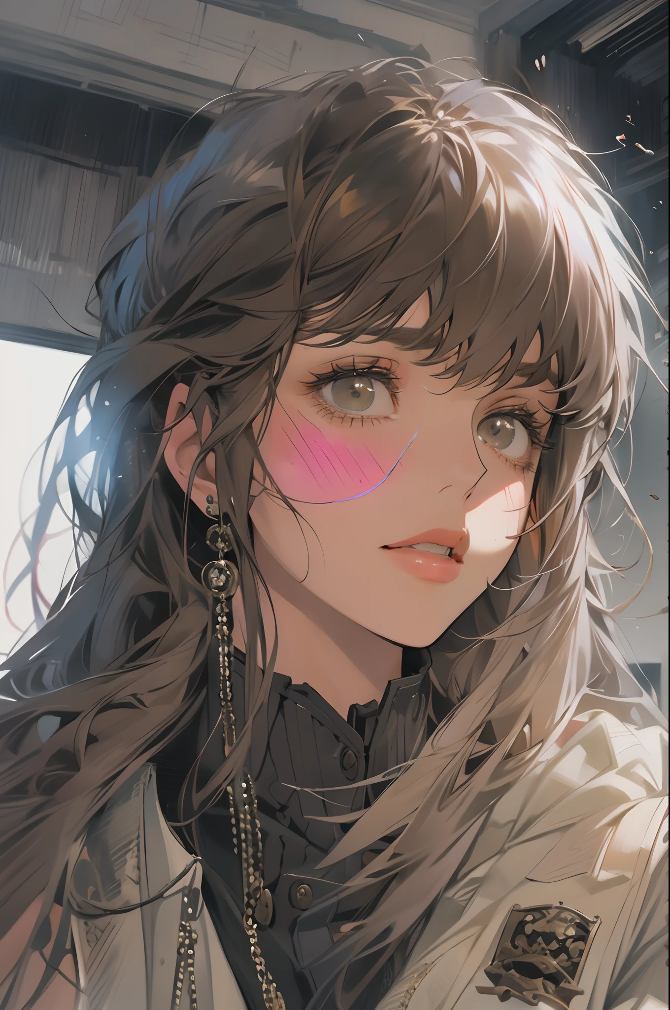 (Highest resolution, distinct_image) Best quality, A masterpiece of women, Highly detailed, Half realistic,(Most of the body),Pink Long Hair, bangs, 18 years old, Young,Black accessories,Pink-purple flight suit,stand-up collared shirt,sharpy face,(Brown eyes, hair between eye), Fluorescent long coating (Broken glass),(Plain white background),Cold, Serious,authoritative,Powerful,(Standing painting),(Exquisite facial features, Exquisite facial features)((gigantic cleavage breasts))