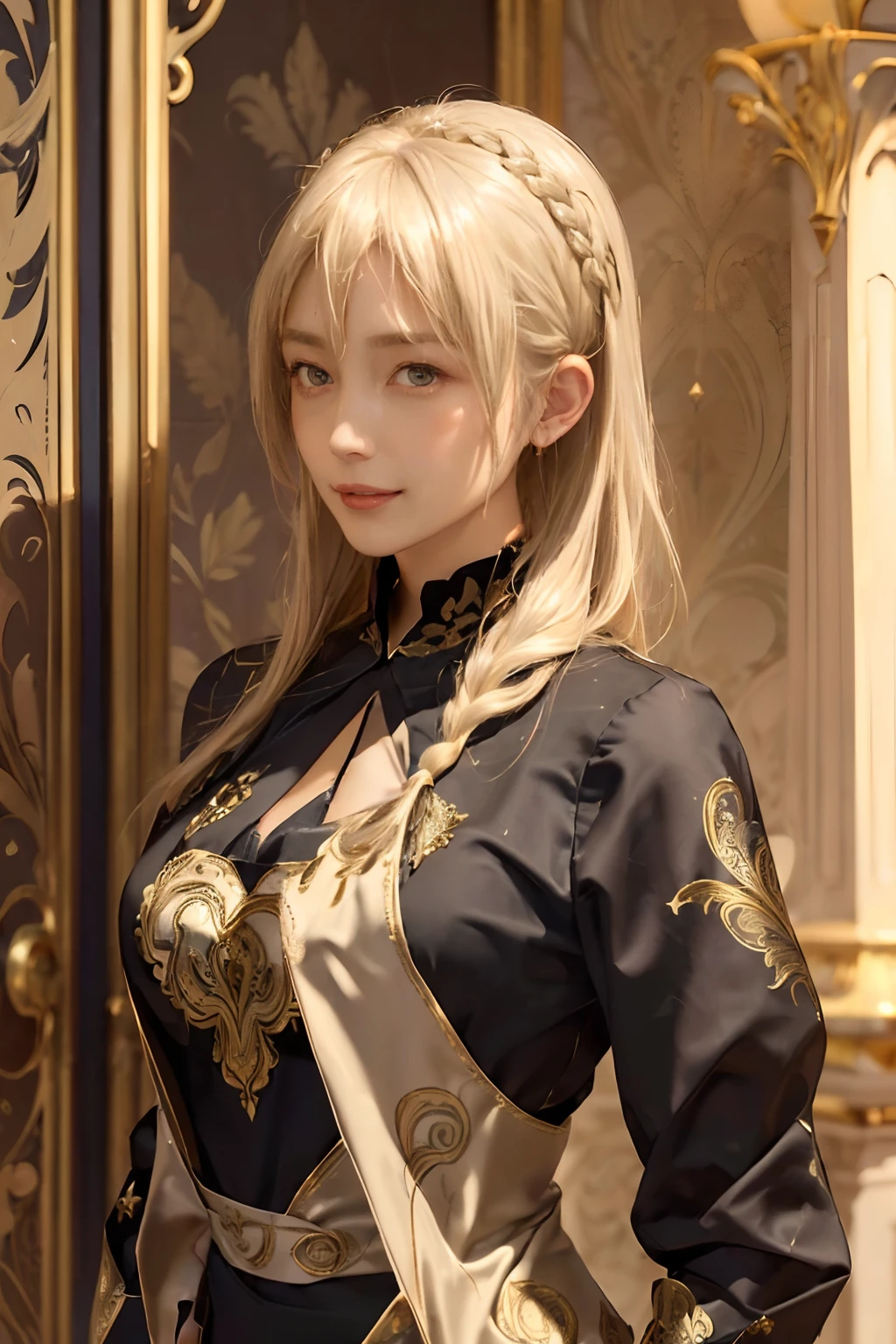 ((top-quality、8K、​masterpiece:1.3)), (Longhaire, Beautiful hairstyle, Platinum Blonde Hair:1.5)、(gold foil, Intricately drawn paisley pattern, Delicate workmanship, Black fabric:1.4, maid dress:1.5), Clear, Fine-grained skin、Beautiful clear eyes、cleavage of the breast、Carefree and natural smile、(Hair disheveled in the wind:1.3)、Beautiful girl with a smile、(thin-waist:1.3)、(Dynamic and provocative poses:1.2)、(Backshots)