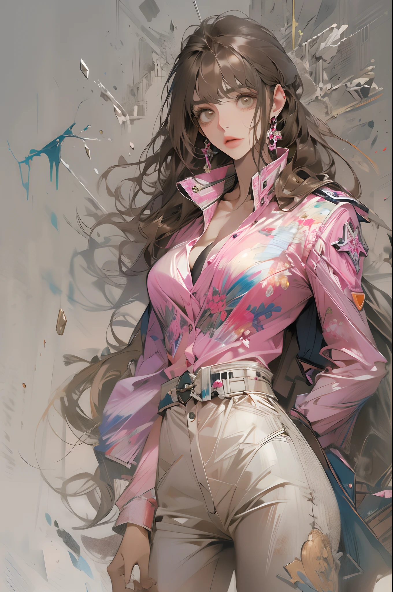 (Highest resolution, distinct_image) Best quality, A masterpiece of women, Highly detailed, Half realistic,(Most of the body),Pink Long Hair, bangs, 18 years old, Young,Black accessories,Pink-purple flight suit,stand-up collared shirt,sharpy face,(Brown eyes, hair between eye), Fluorescent long coating (Broken glass),(Plain white background),Cold, Serious,authoritative,Powerful,(Standing painting),(Exquisite facial features, Exquisite facial features)((gigantic cleavage breasts))
