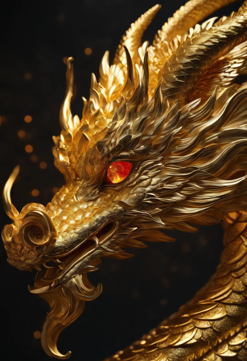 Sci-fi style，Mechanical Chinese Dragon，Smile，machine part，Gold and black，High Detail，Cyberpunk，high quality，Head close-up，Glowing eyes，Glowing lines,