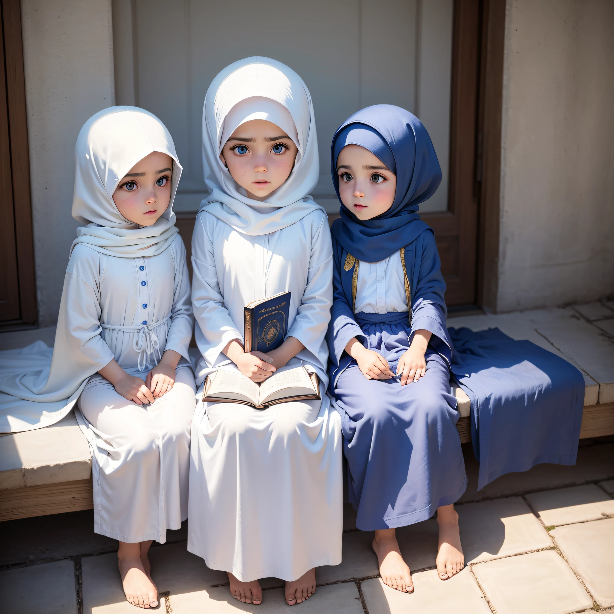 3 , wearing white hijabs, blue eyes, wearing plain white robes, , Arab countries, high resolution, ultrasharp, 8K, masterpiece, reading the Koran