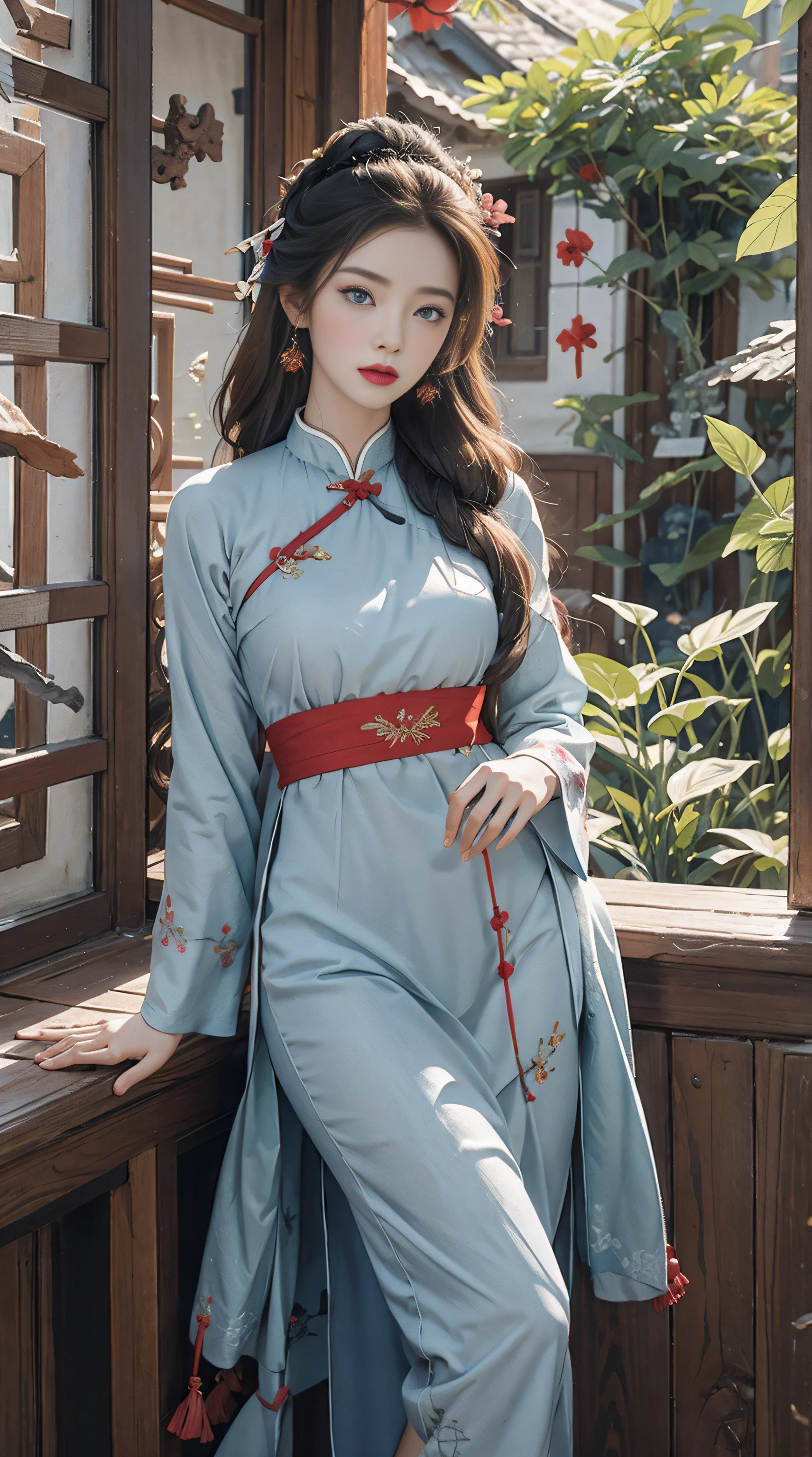 photorealistic, high resolution, soft lights, 1women, solo, hips up, (blue eyes, long hair), vietnamese traditional, red aodai,