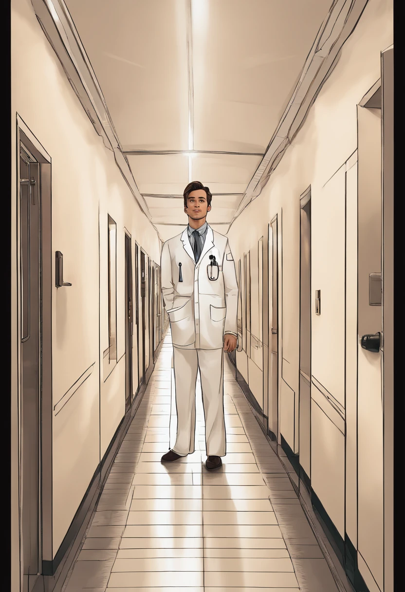 ccurateblack hair，Handsome face， White suit， Pulse meter in hand，The background is the hospital corridor of the future。Male doctor。 The eyes are firm，looking at me