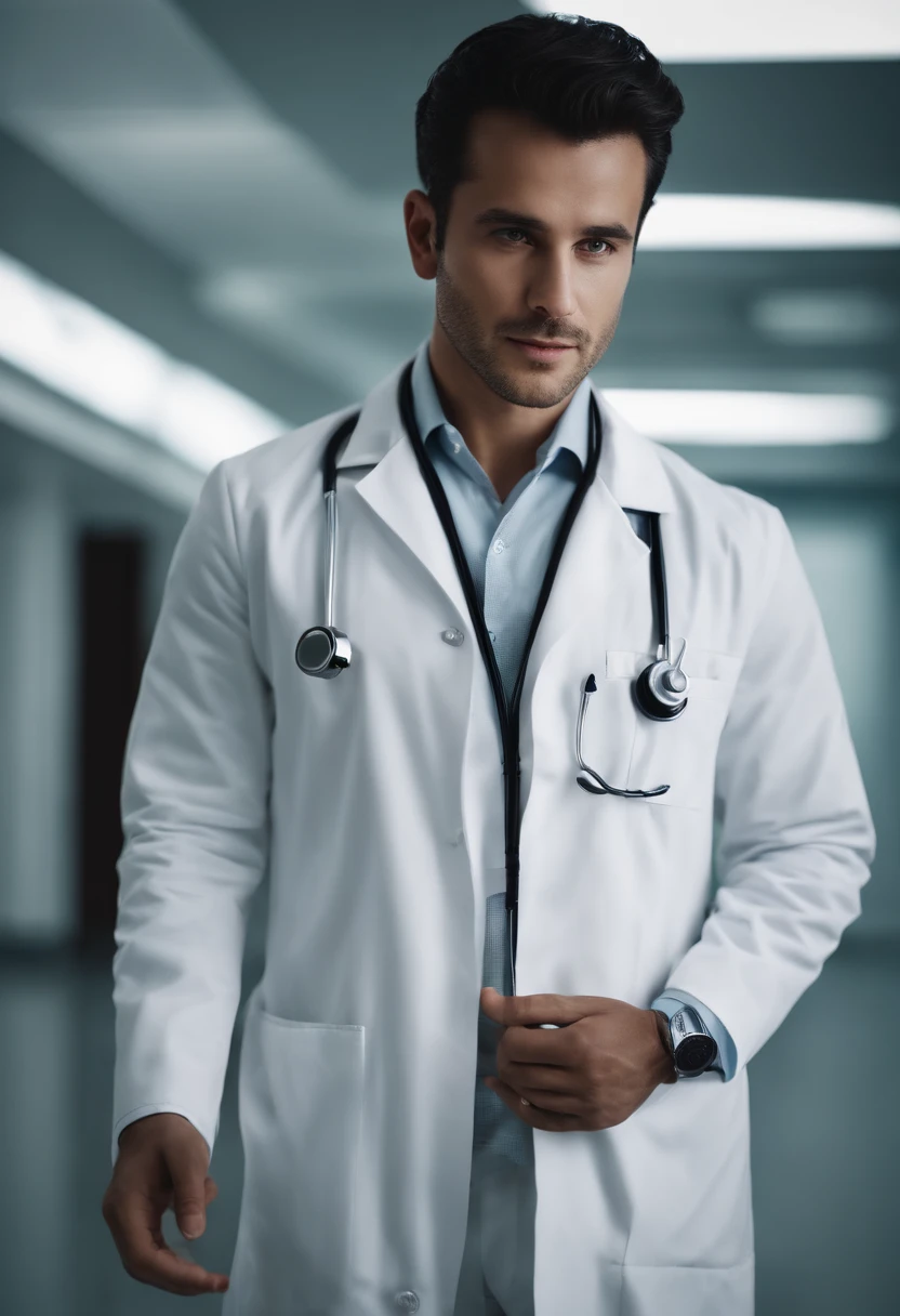 ccurateblack hair,Handsome face, White suit, Pulse meter in hand,The background is the hospital corridor of the future。Male doctor。 The eyes are firm,looking at me