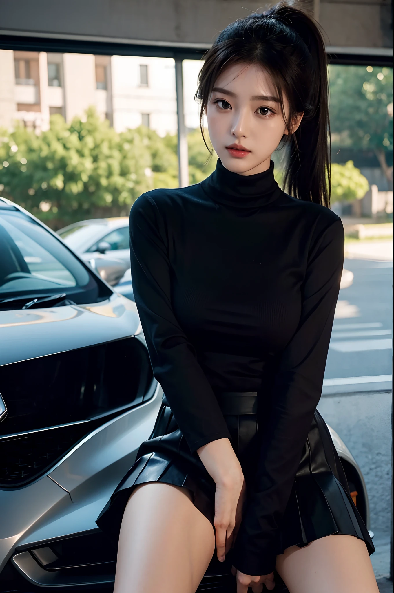 1girl, 175cm,korean car model ,23 years old,soft body, close-up, 8k, RAW photo, best quality, masterpiece,realistic, photo-realistic,seductive,cute,A beautiful woman in a sexy turtleneck , long sleeve shirt,sexy pleated skirt,the breasts are large,Liuhai hairstyle,Ponytail hairstyle, erotic post , car model