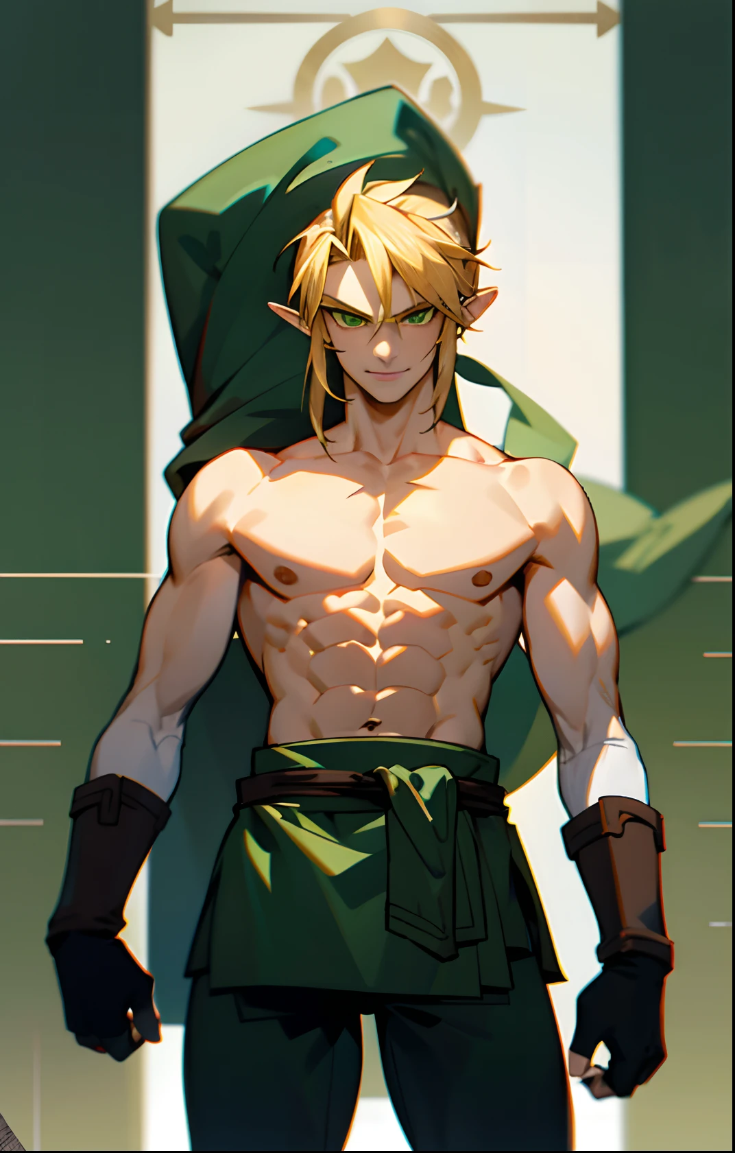 blond, tall, green-eyed guy, viking style, russian hero style, strong,  anime style, anime  , link, ( short gloves), standing, (topless:1.3), demigod , (muscular:0.5)(from above:0.1),(sport:0.2), (empty dojo),(smiling:0.2), (dominant),(evil:0.4)(confident)(sadistic)(adult:1)(masculine:1.2)(slender:0.2)(from below:0.3)(powerful)(looking at viewer)(pants)(raised eyebrows:0.2)