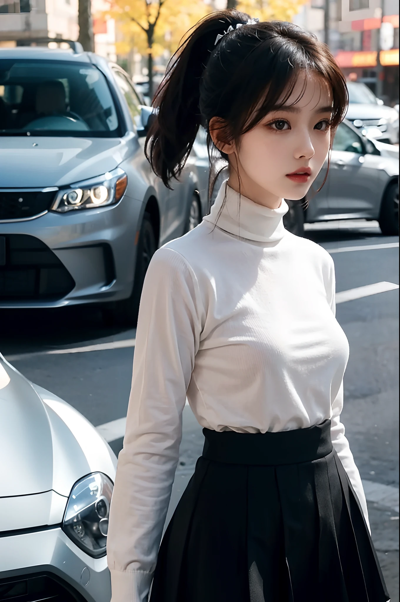 1girl, 175cm,korean car model ,23 years old,soft body, close-up, 8k, RAW photo, best quality, masterpiece,realistic, photo-realistic,seductive,cute,A beautiful woman in a sexy turtleneck , long sleeve shirt,sexy pleated skirt,the breasts are large,Liuhai hairstyle,Ponytail hairstyle, erotic post , car model